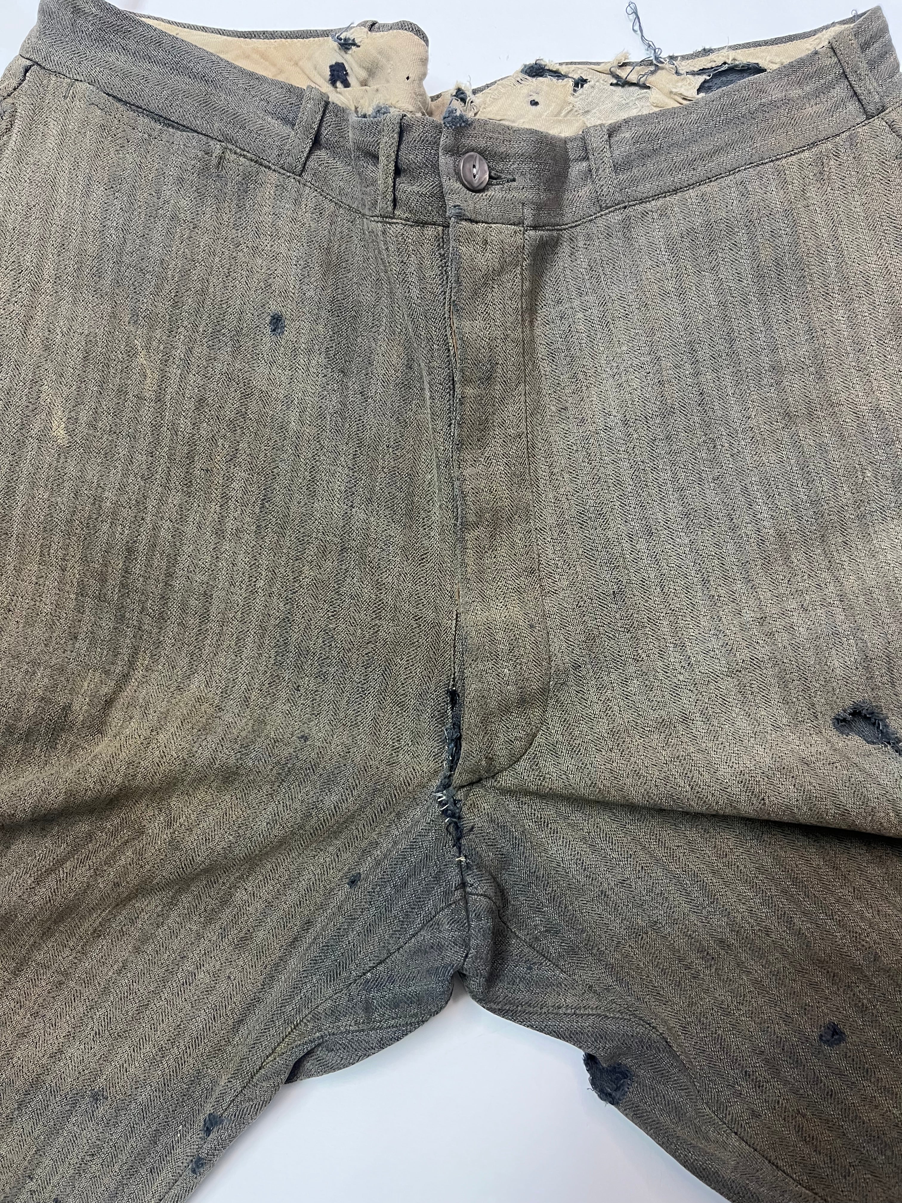 1940s/50s Distressed Striped Twill Work Pants - Faded Olive Drab - 35x28