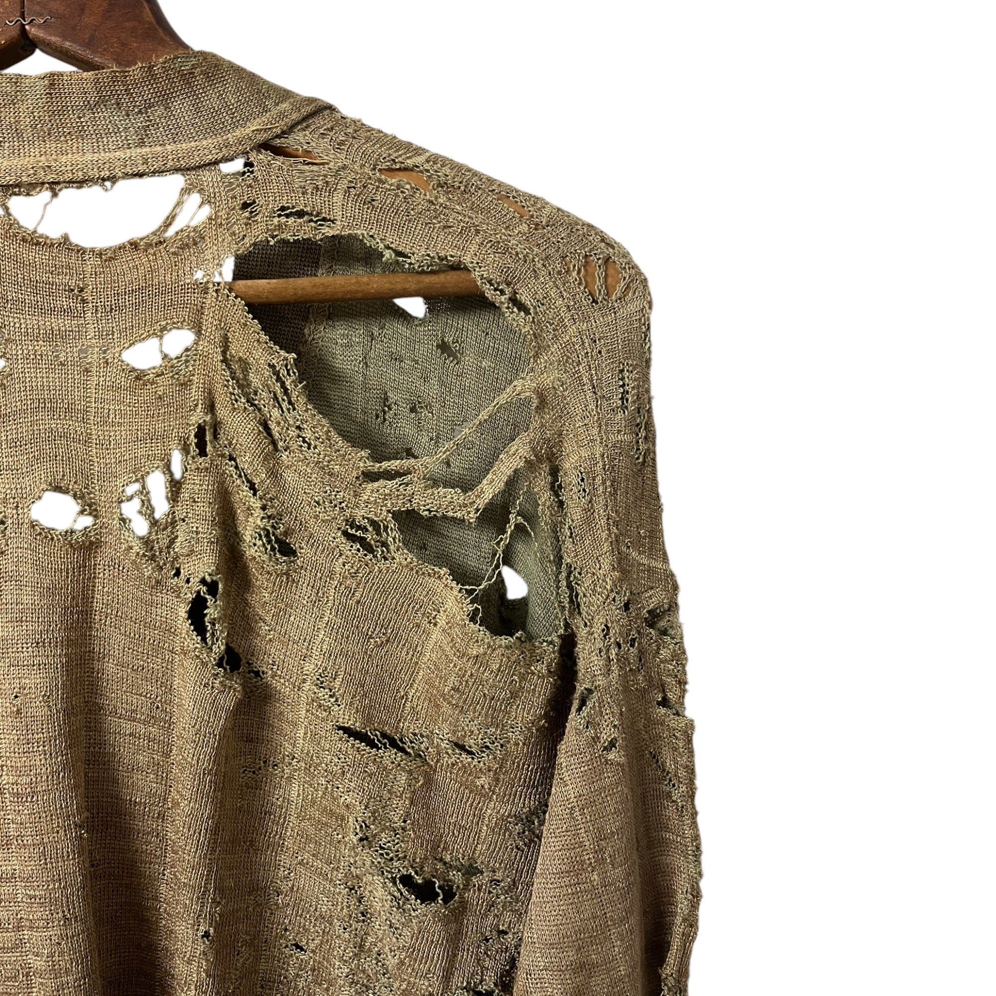 1940s Extensively Thrashed Wool Cardigan - Olive Drab - S