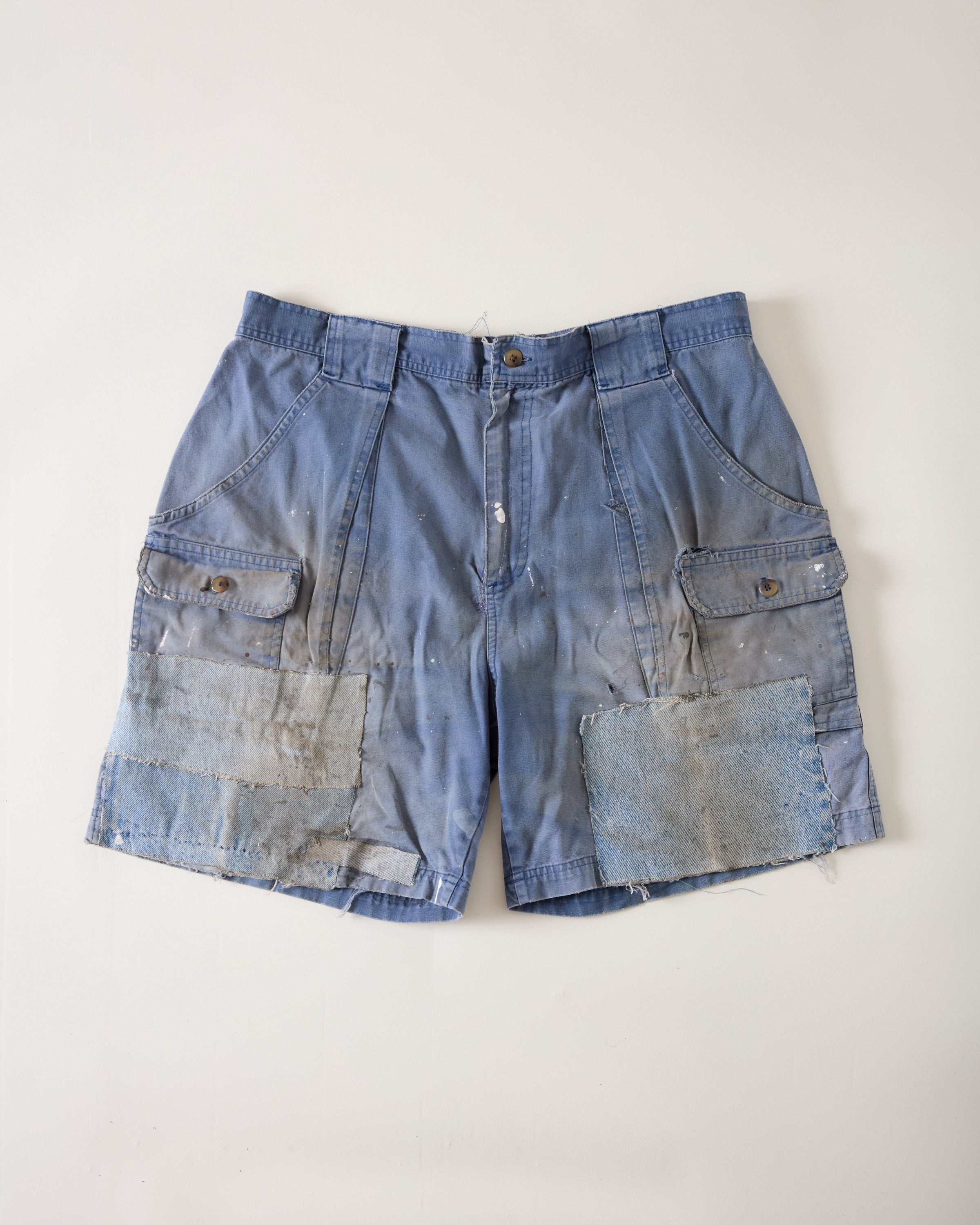 1980s Distressed Cargo Shorts with Denim Patch Repairs - Faded Blue - 36”