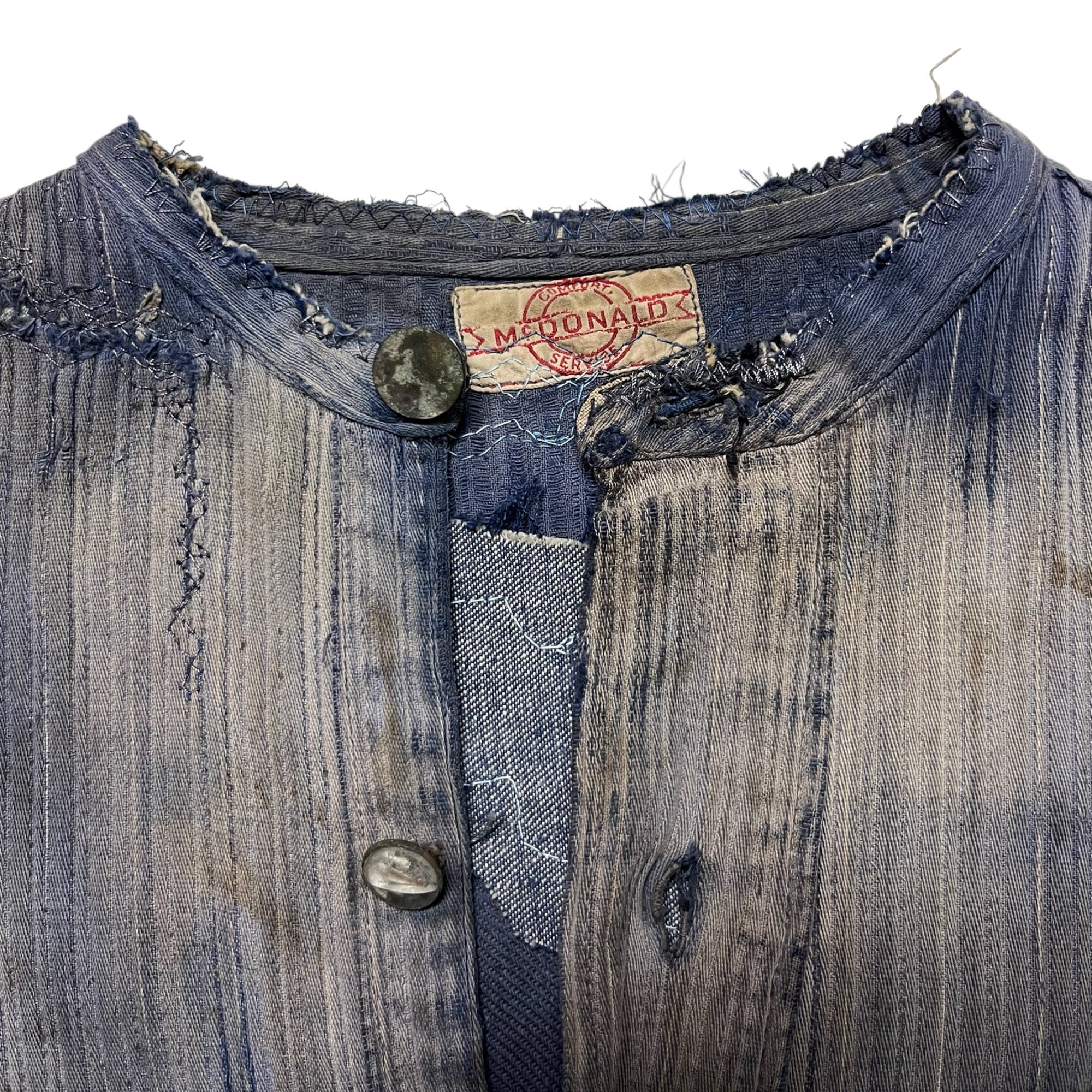 1930s McDonald Brand Indigo Popover Repaired Work Shirt - Faded Indigo Blue - L