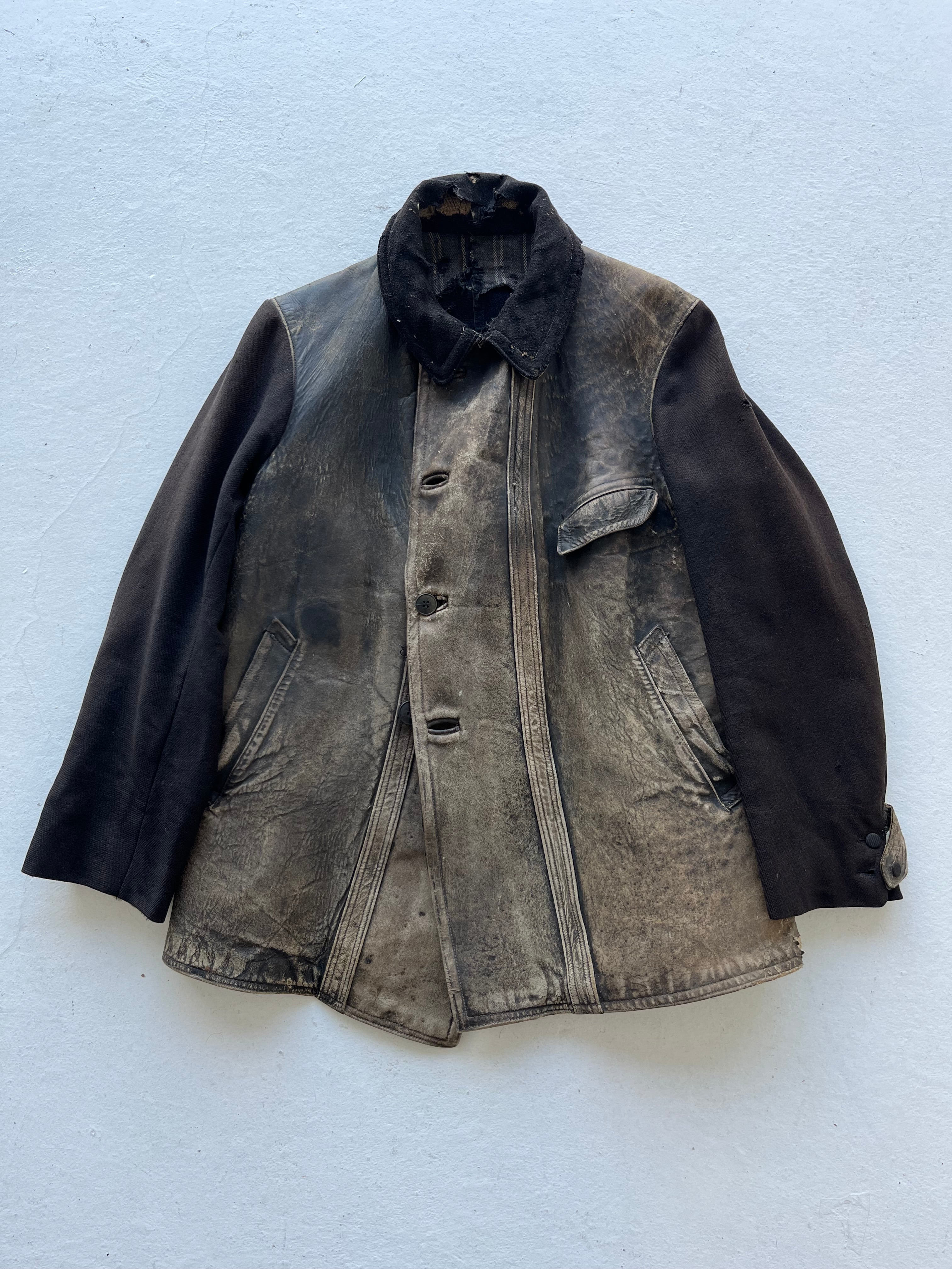 1930s Unusual French ‘Kleber’ Leather Coat with Wool Sleeves - Faded Brown - L