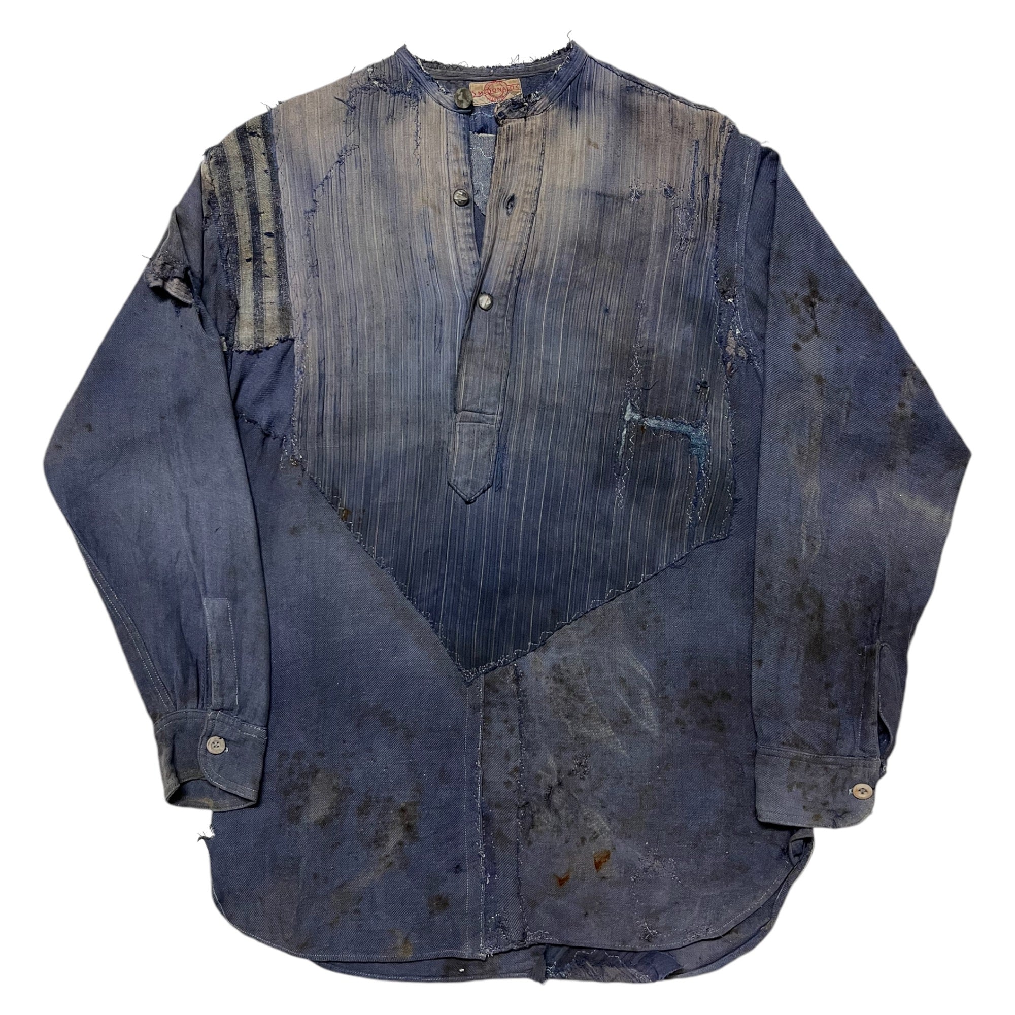 1930s McDonald Brand Indigo Popover Repaired Work Shirt - Faded Indigo Blue - L