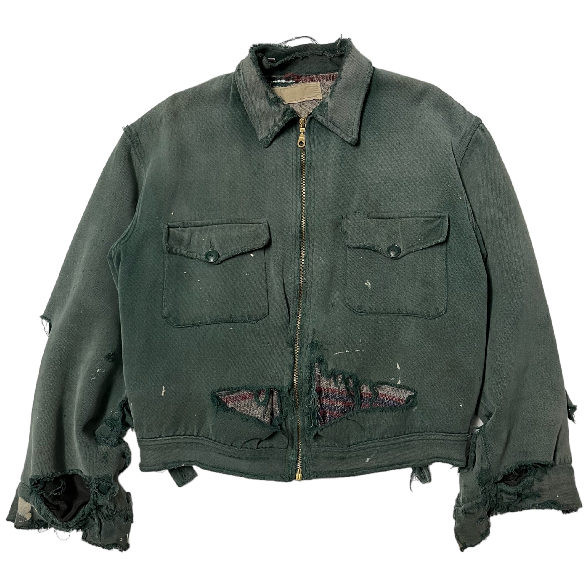 1950s Thrashed Whipcord Zip-Up Jacket - Sun Faded Green - S/M