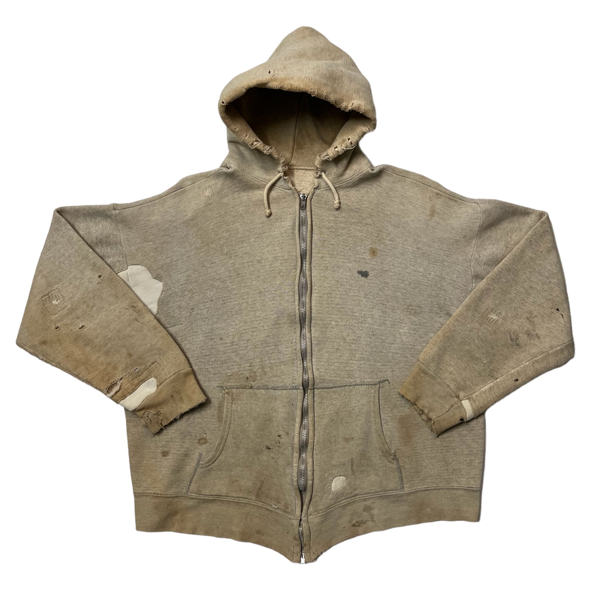 1960s Repaired & Distressed Zip-Up Hoodie - Aged Light Heather Grey - S