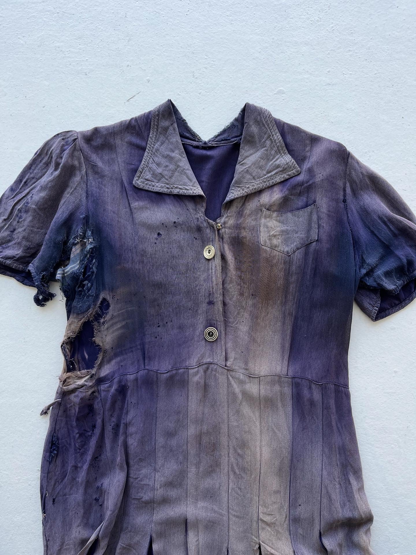 1930s Sun Faded, Thrashed & Repaired Cotton-Linen Farm Dress - Faded Purple - One Size