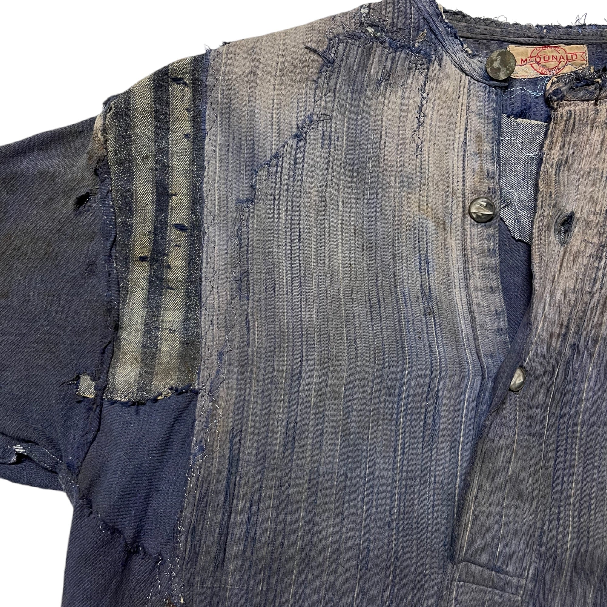 1930s McDonald Brand Indigo Popover Repaired Work Shirt - Faded Indigo Blue - L