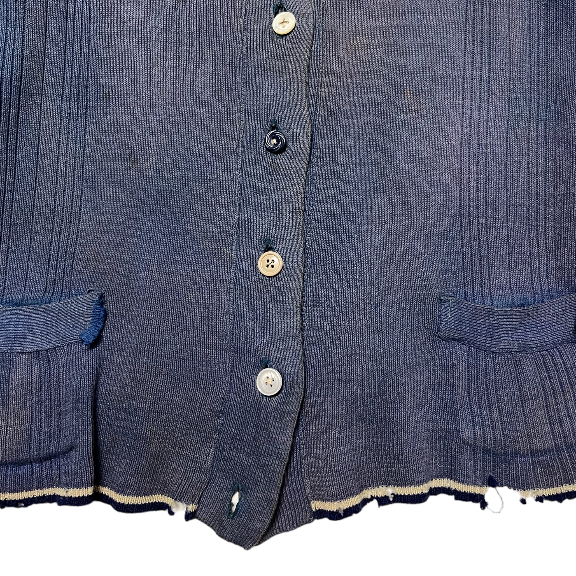 1940s Sun Faded German Knit Collared Cardigan Sweater - Blue/Brown - S/M
