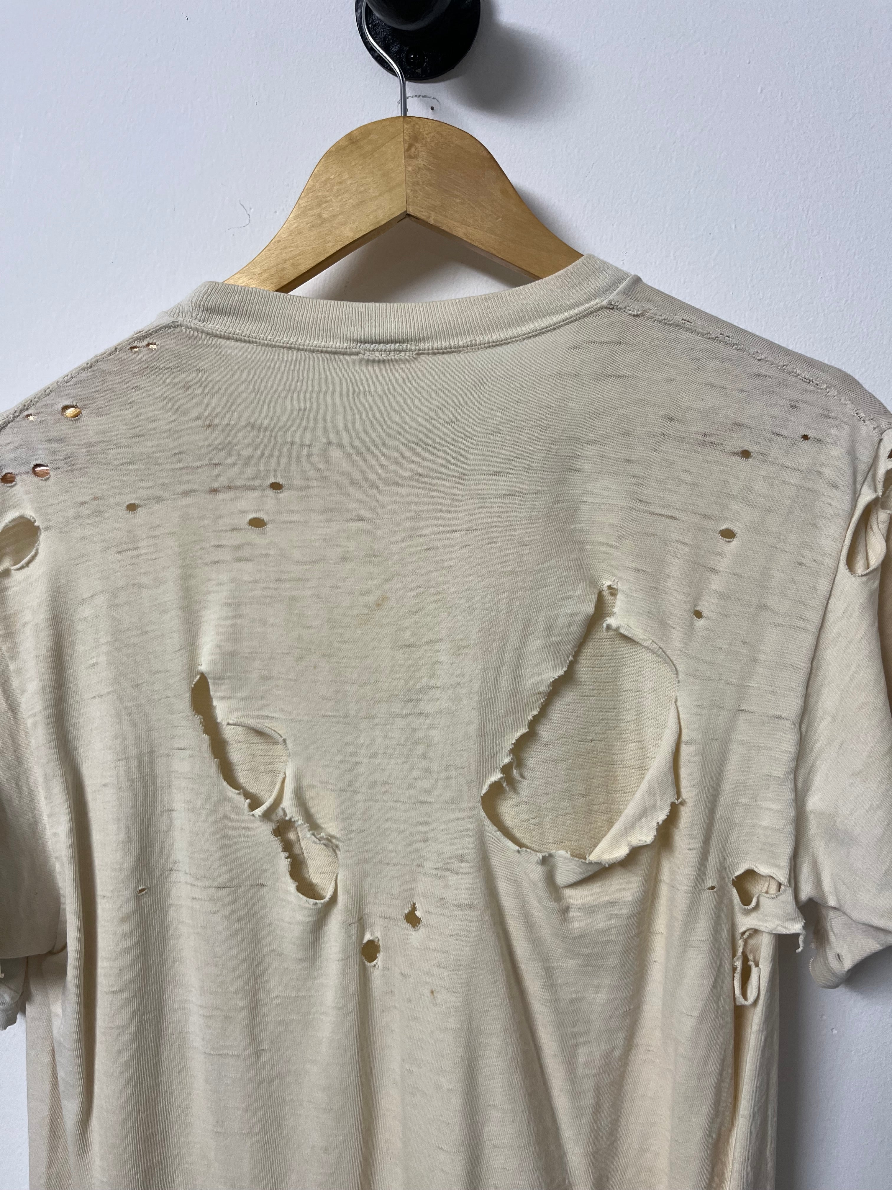 1960s White Thrashed Pocket T-Shirt - Aged White - L