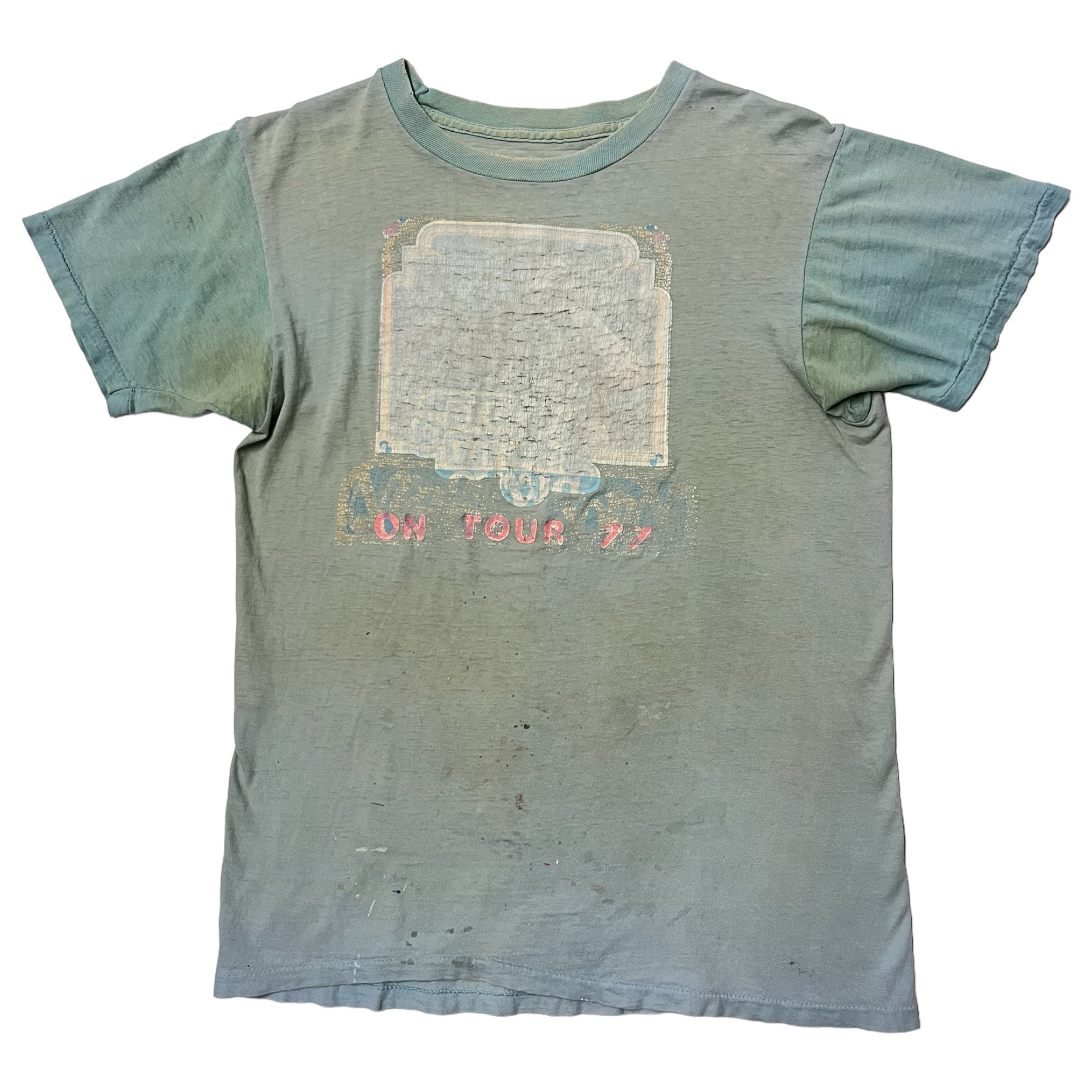 1977 Two-Tone Distressed Tour T-Shirt - Shades of Sea Foam Green/Blue - M/L