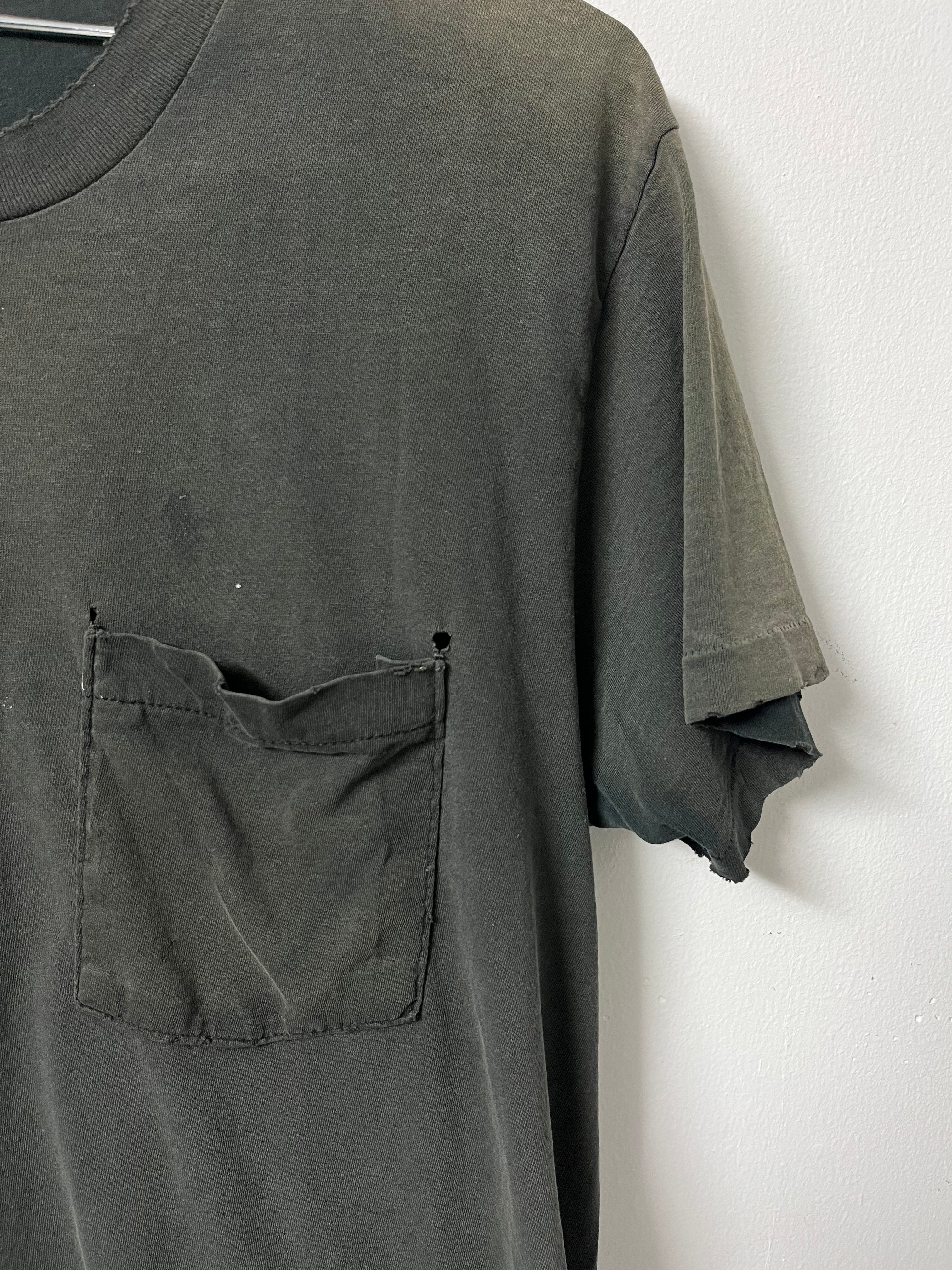 1980s Distressed Selvedge Pocket T-Shirt - Faded Black - L