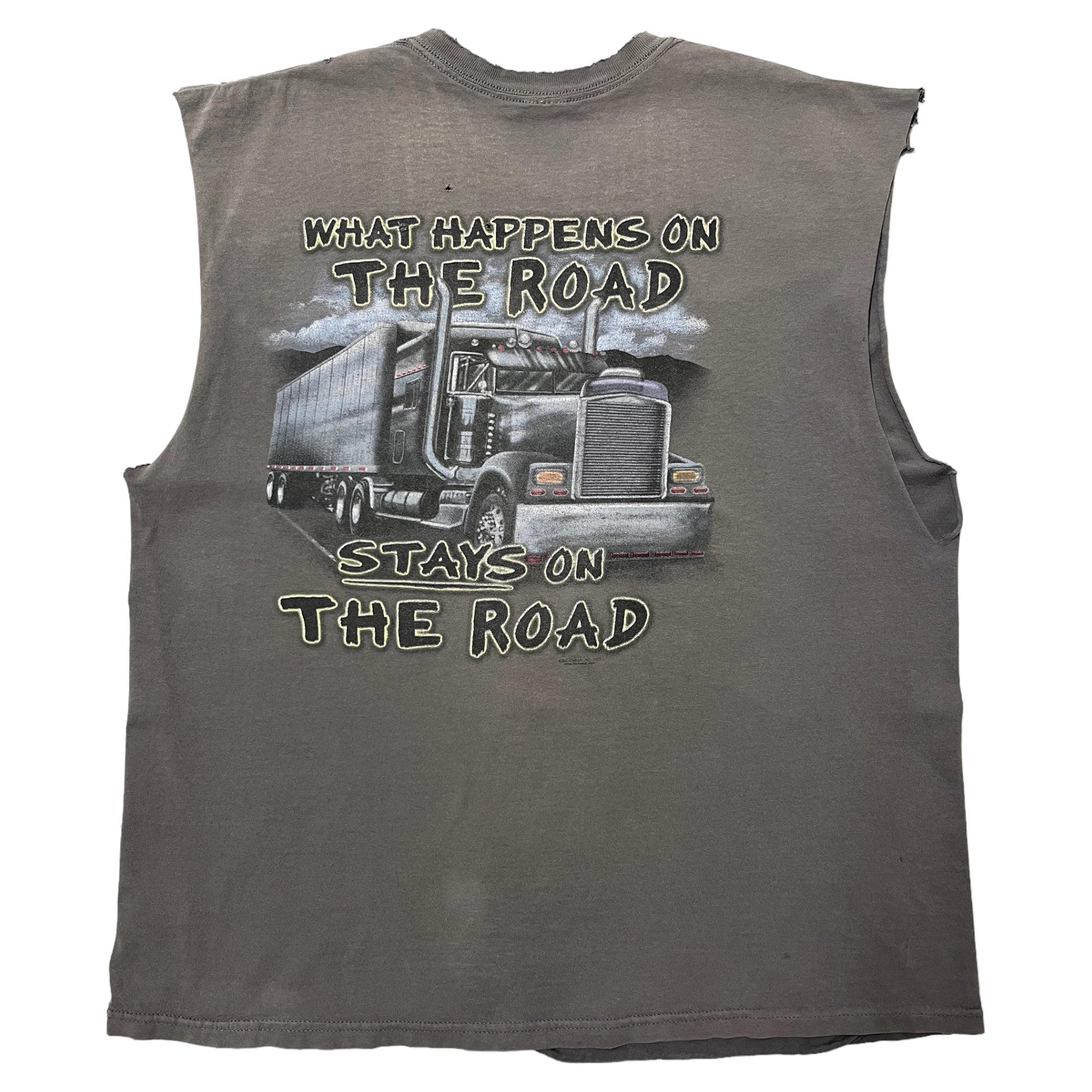 ‘00s Trucker ‘What Happens On The Road’ Distressed Cutoff - Sun Faded Black - XL