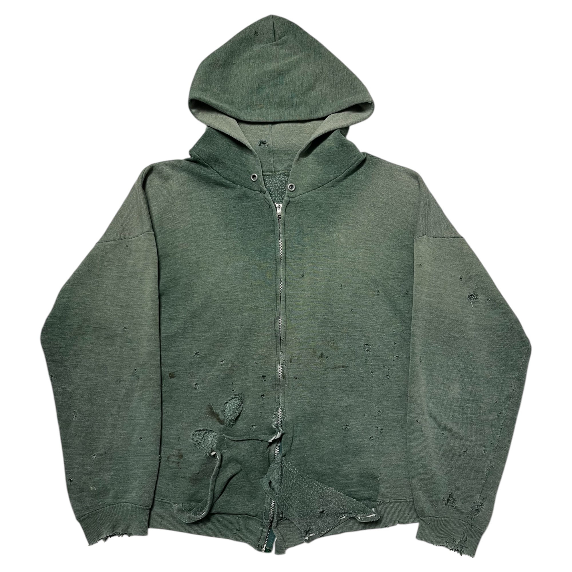 1970s Thrashed Zip-Up Hooded Sweatshirt -Sun Faded Forest Green - M/L