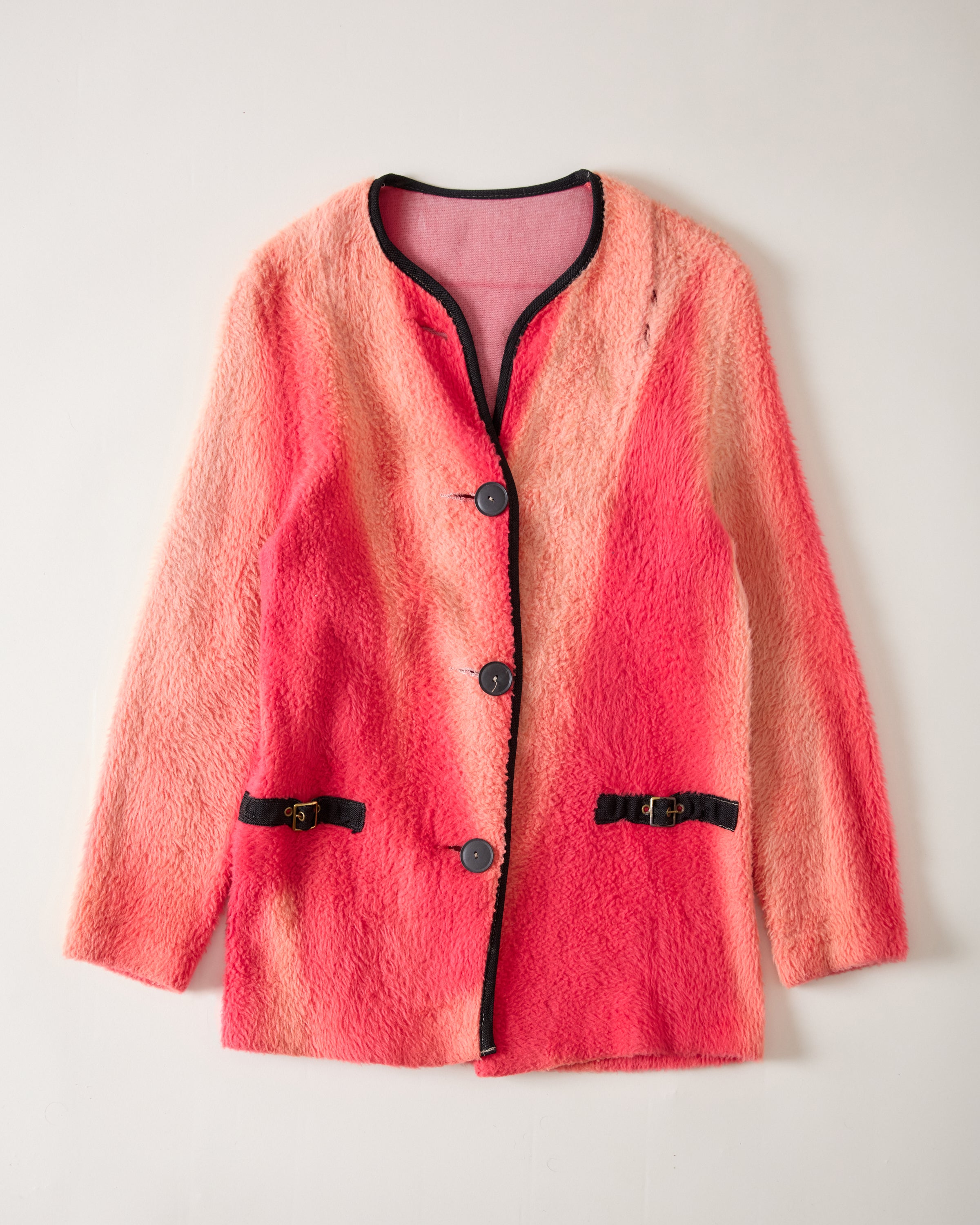 1970s Sun Drenched Fleece ‘Fauxhair’ Sweater with Button Closure - Faded Hot Pink/Infrared - M