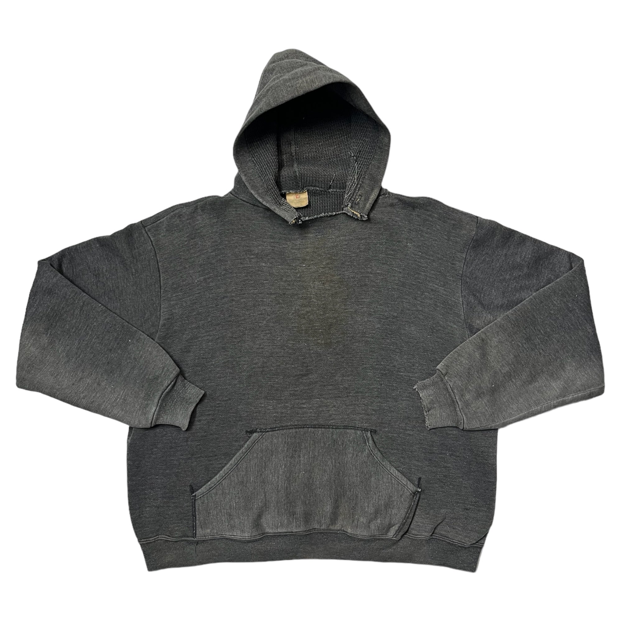 Early 1960s Waffle/Thermal Lined Springfoot Brand Hooded Sweatshirt - Faded Heather Black/Charcoal - M/L