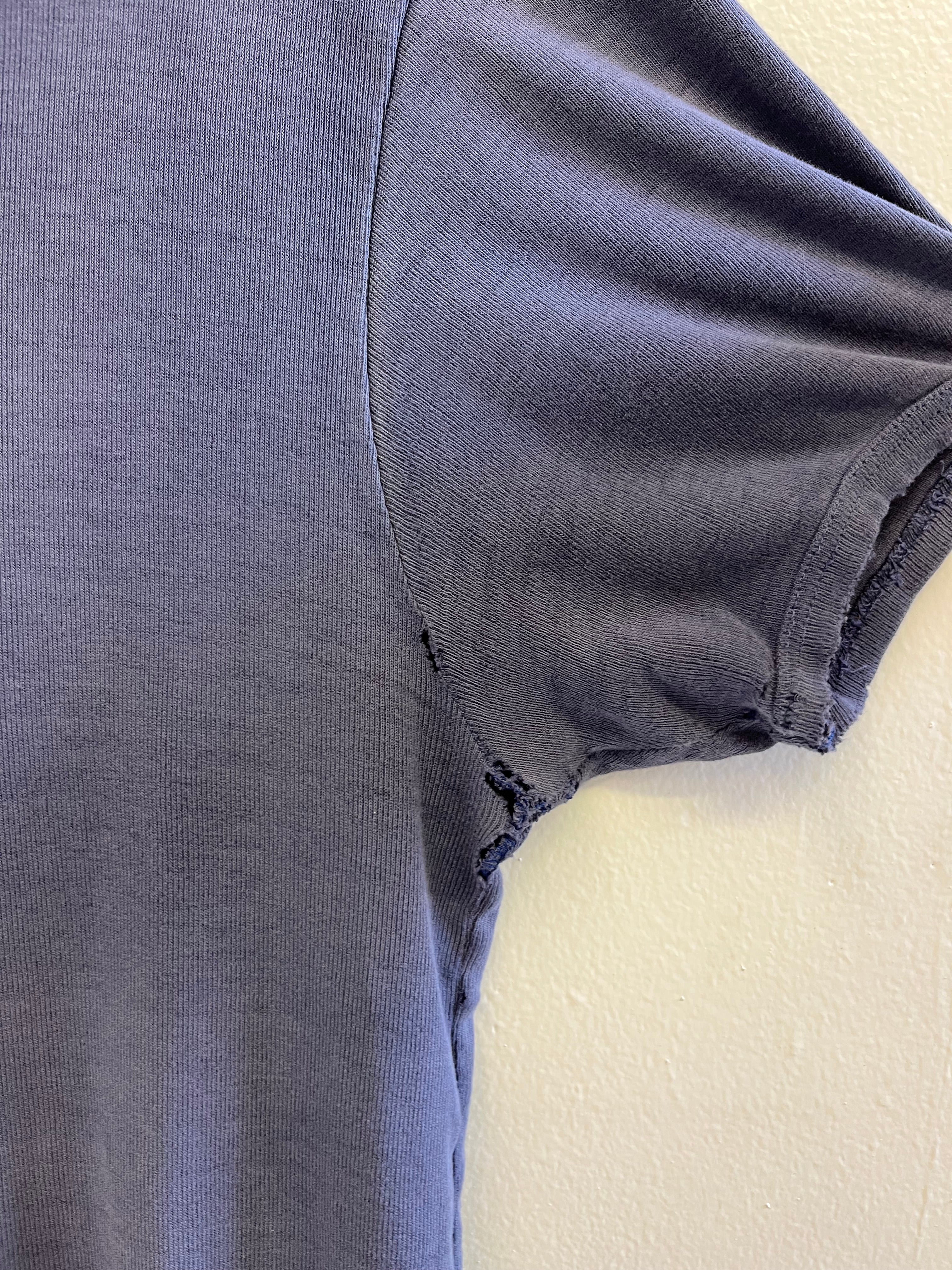 1940/50s Distressed & Repaired French Ribbed Work T-Shirt - Faded Indigo Blue - S/M