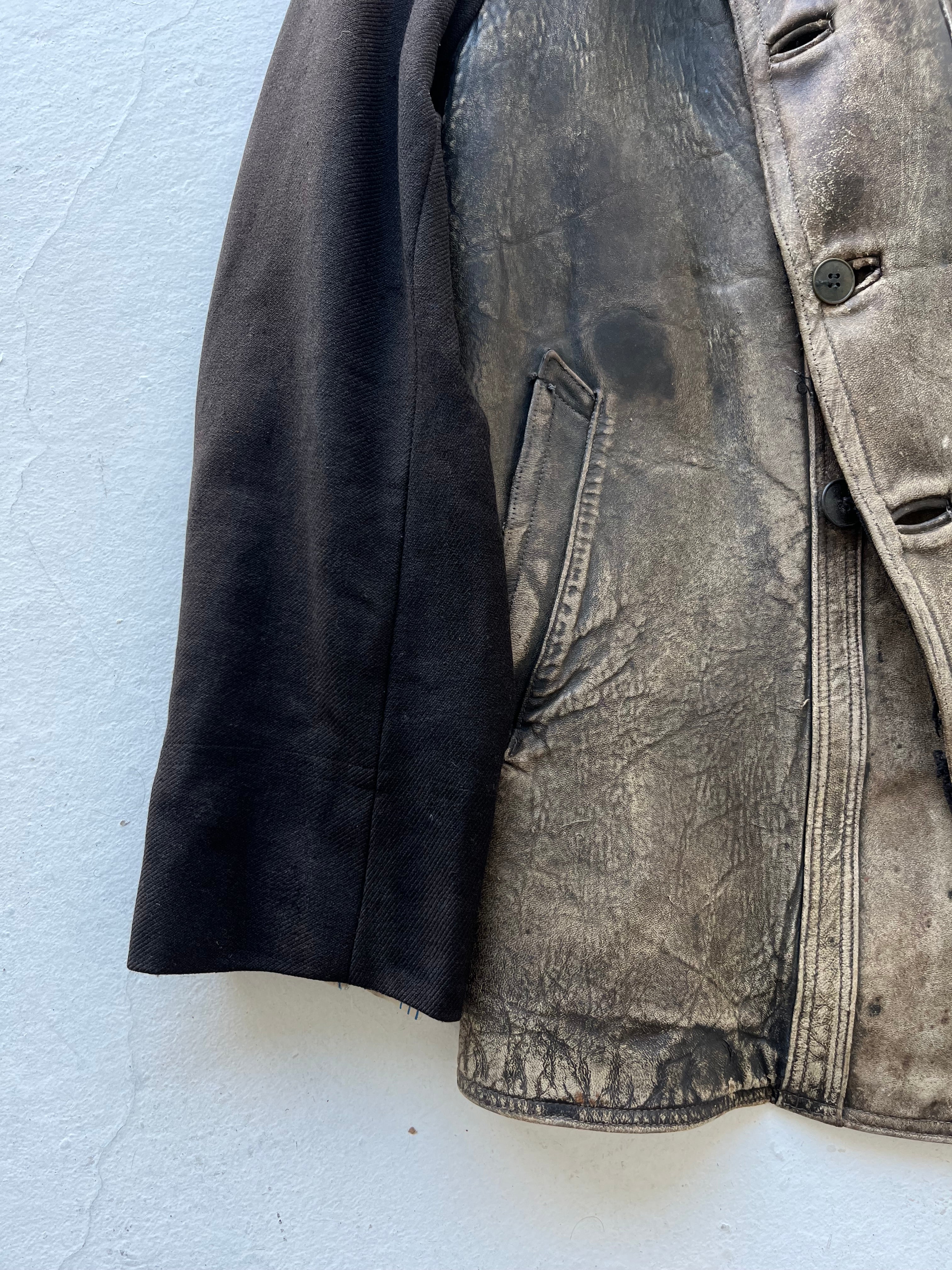 1930s Unusual French ‘Kleber’ Leather Coat with Wool Sleeves - Faded Brown - L