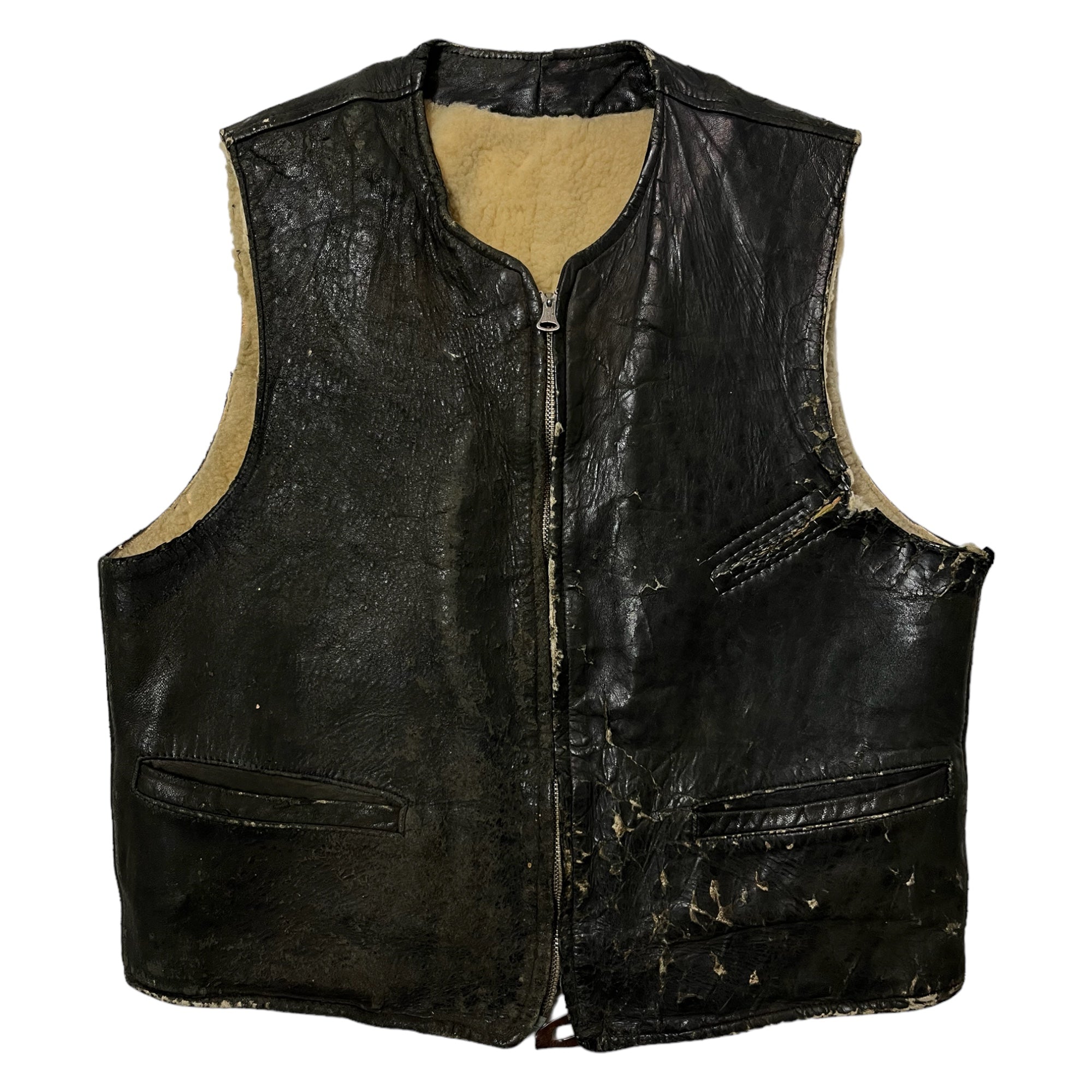 1930s Leather Shearling-Lined Vest with Fishing-Line Repair - Distressed Black - XS/S