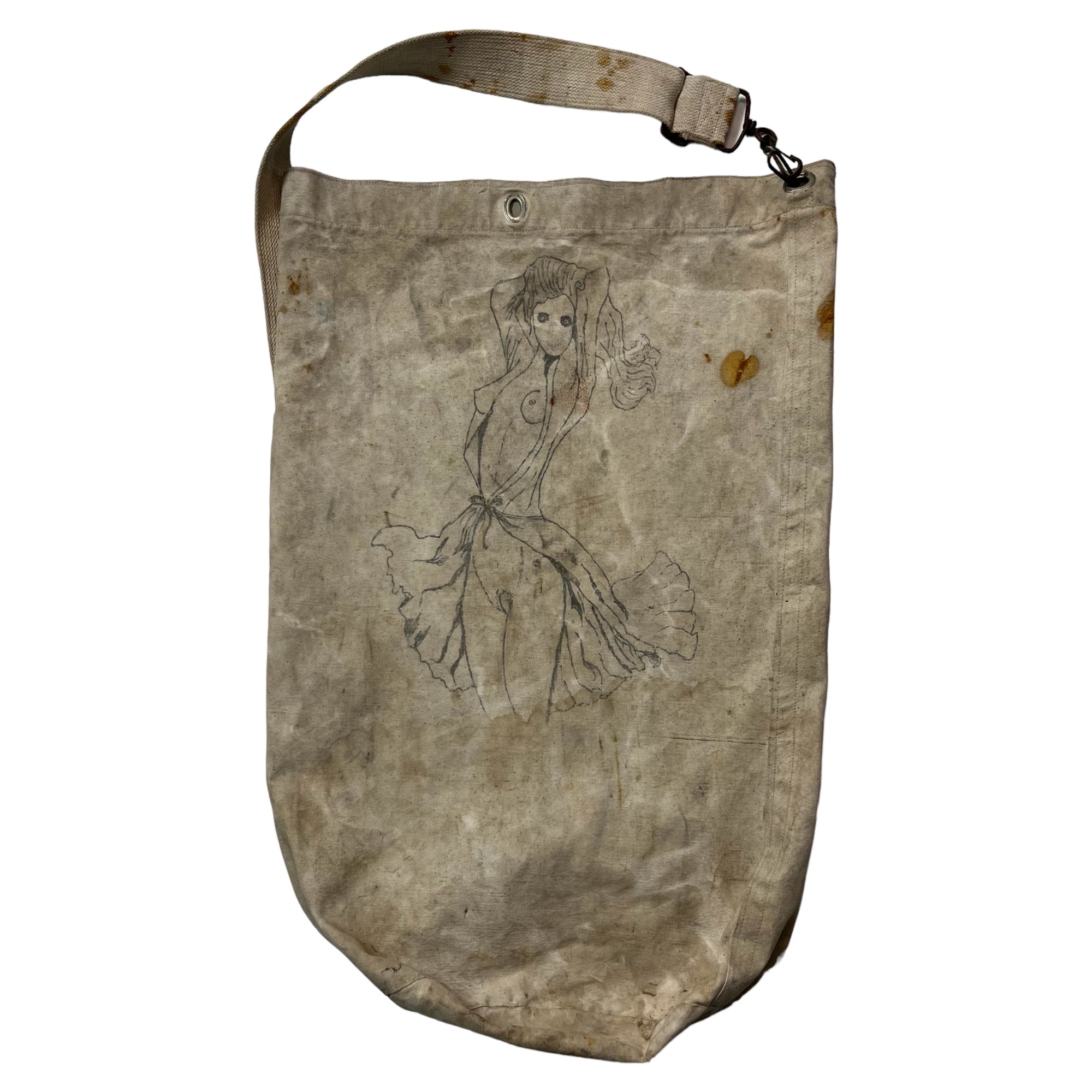 Vintage Canvas Military Duffle/Laundry Bag with Hand Drawn Female Figure - Trench Art