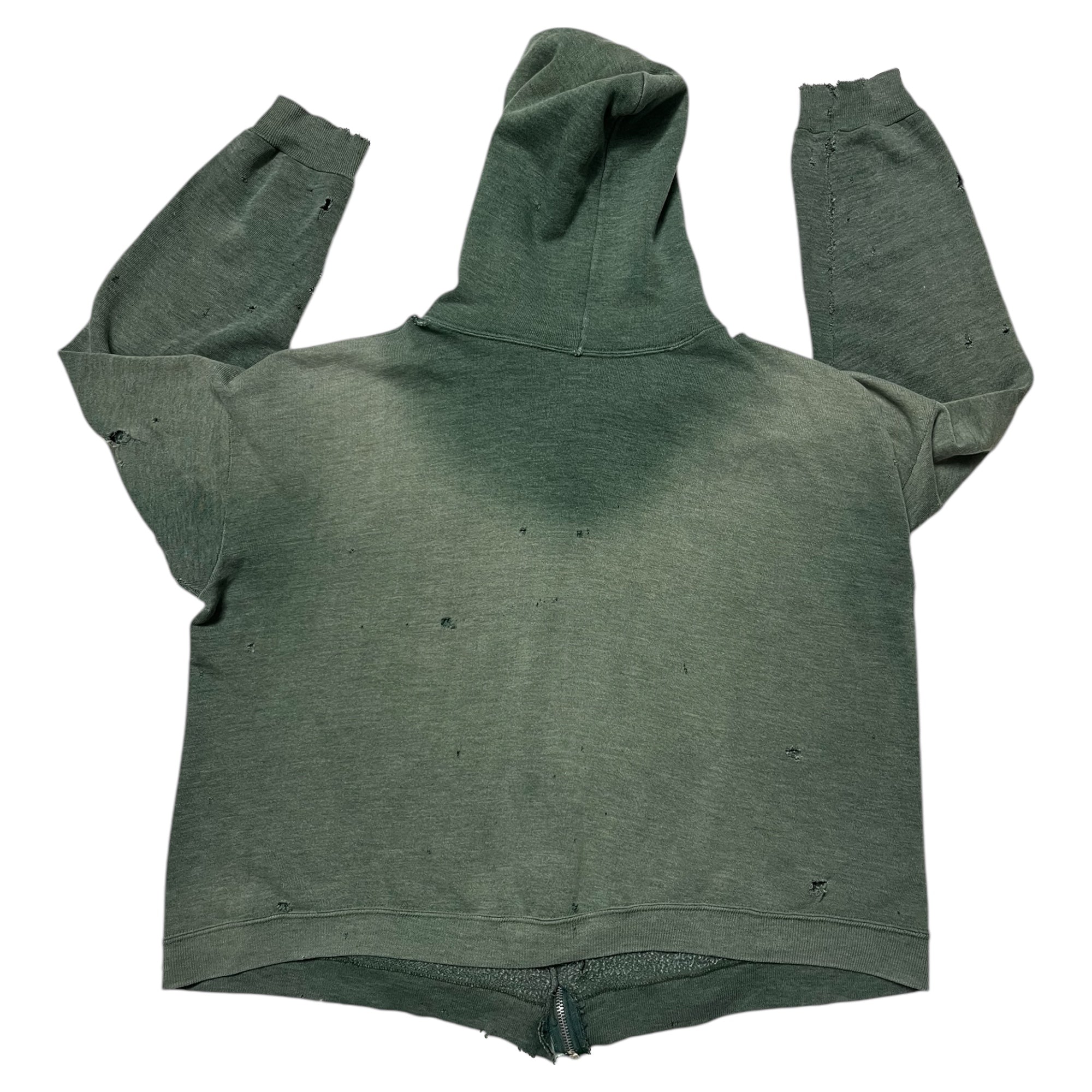 1970s Thrashed Zip-Up Hooded Sweatshirt -Sun Faded Forest Green - M/L