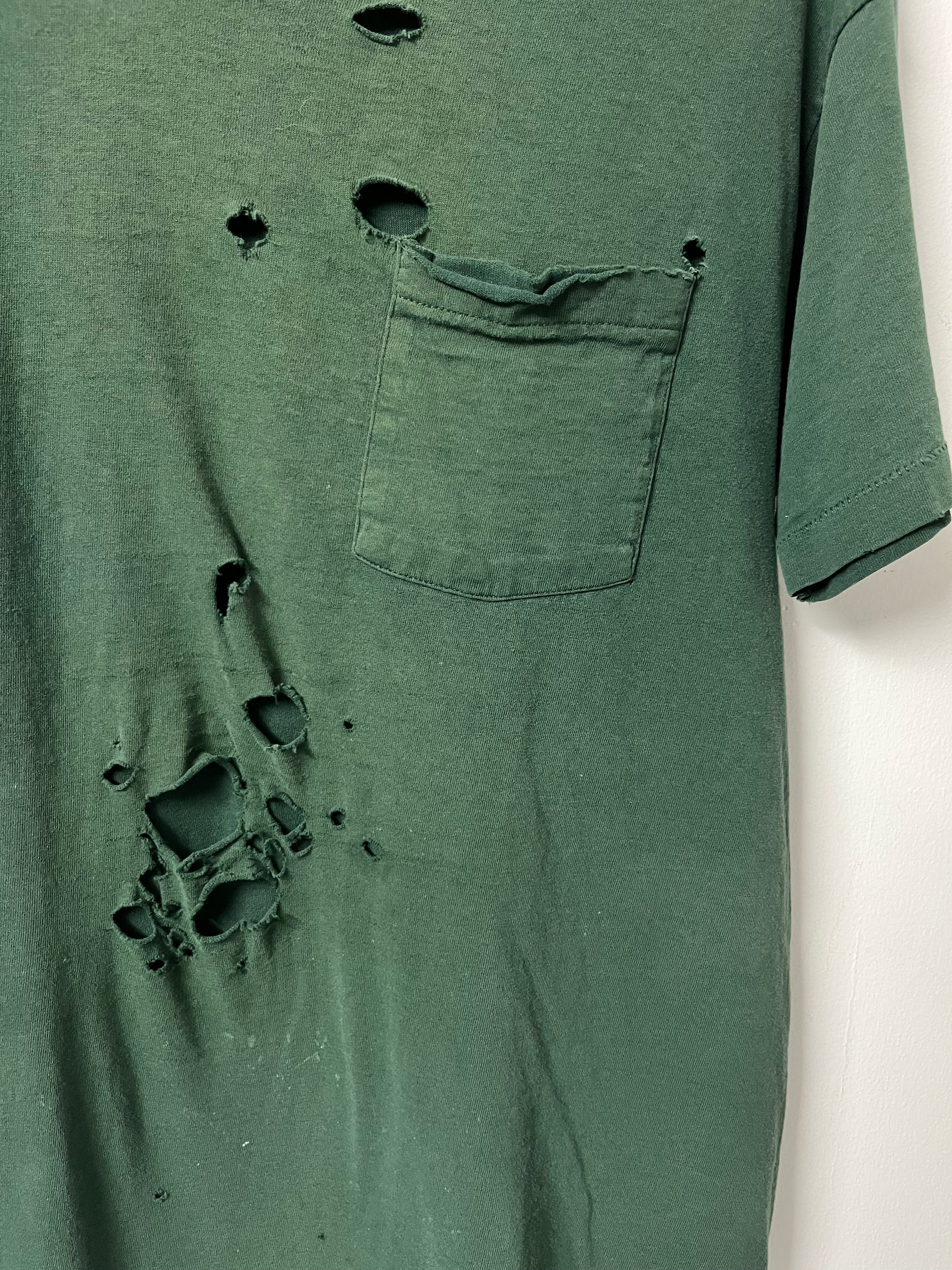 1990s Thrashed Pocket T-Shirt - Faded Forest Green - L/XL