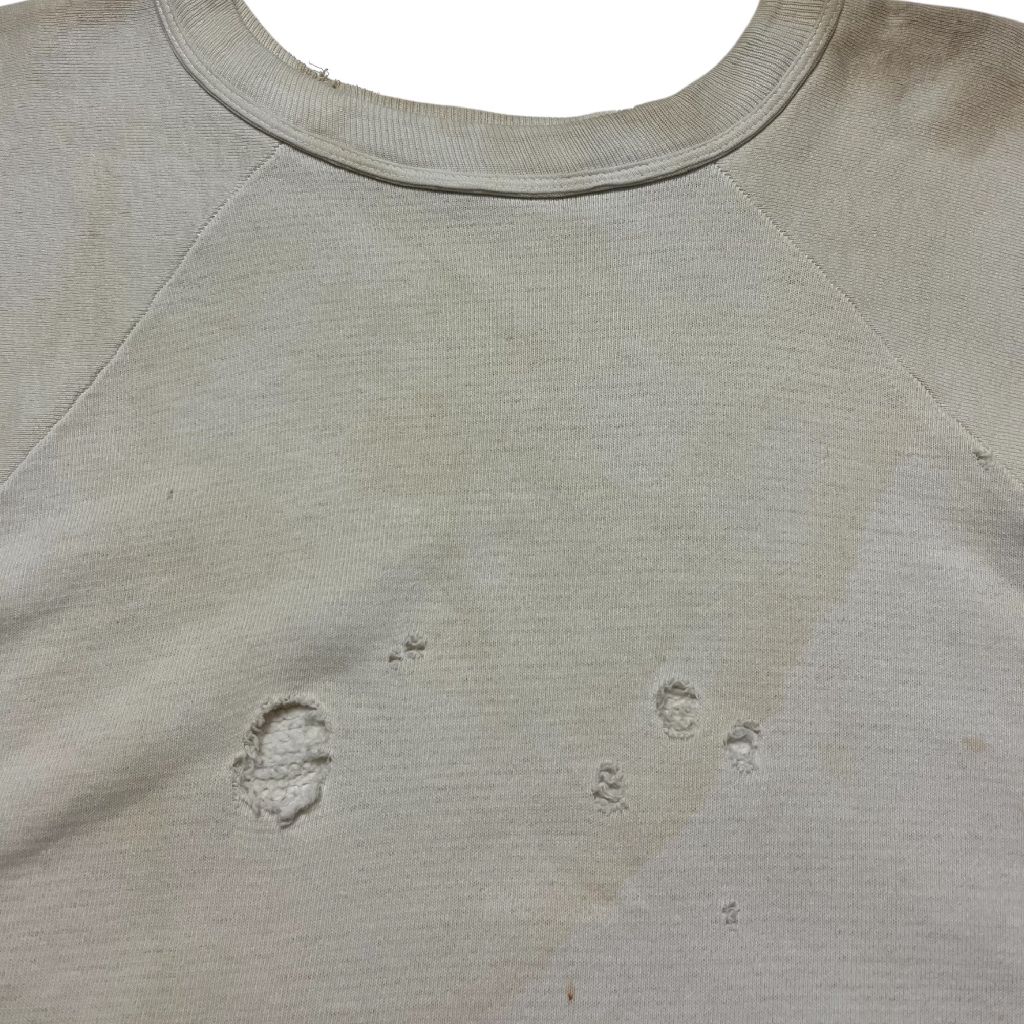 1960s Distressed White ‘Wind Shield’ Raglan Crewneck Sweatshirt - Aged White - M/L