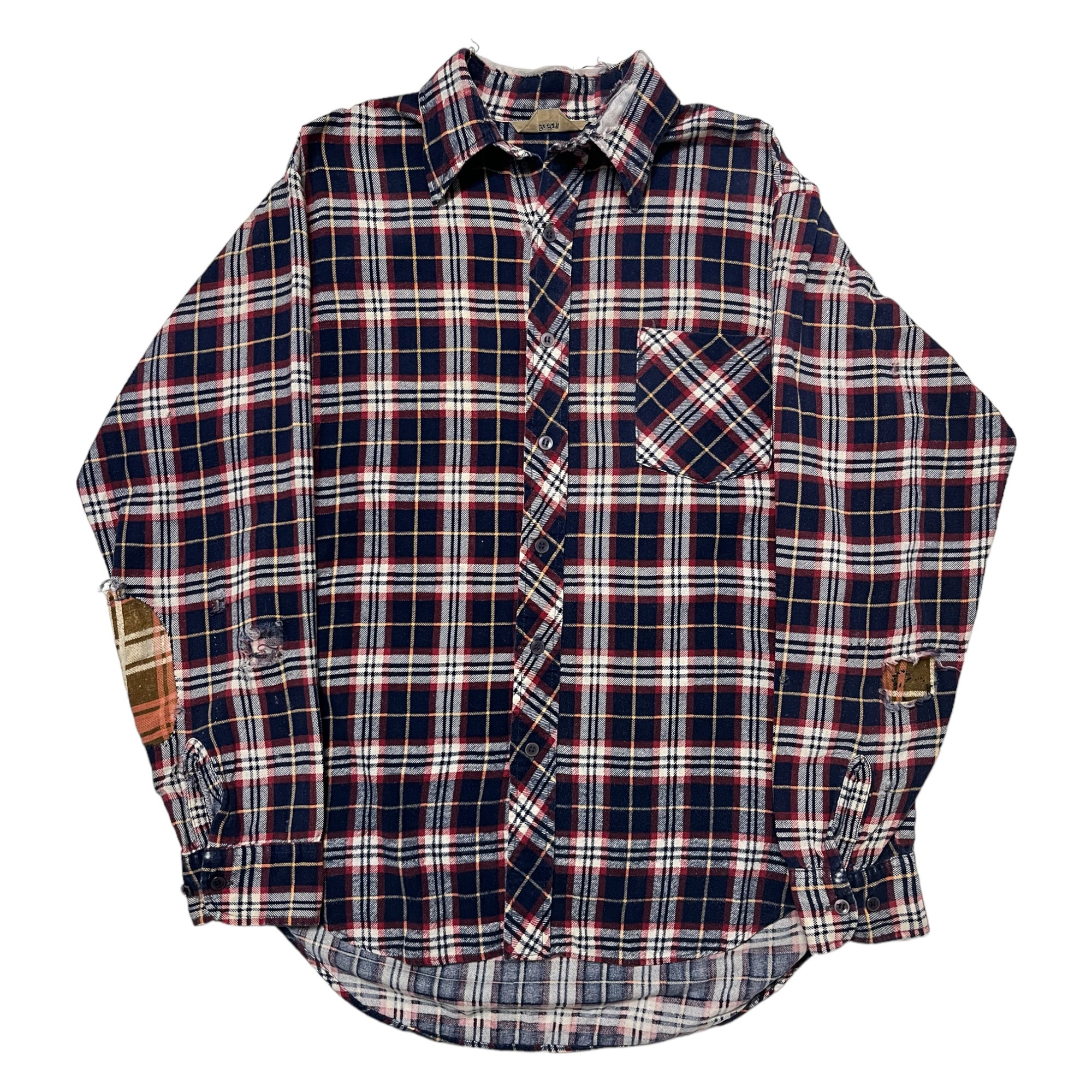 1980s Distressed Flannel with Patches & Repairs - Navy/Red - M/L