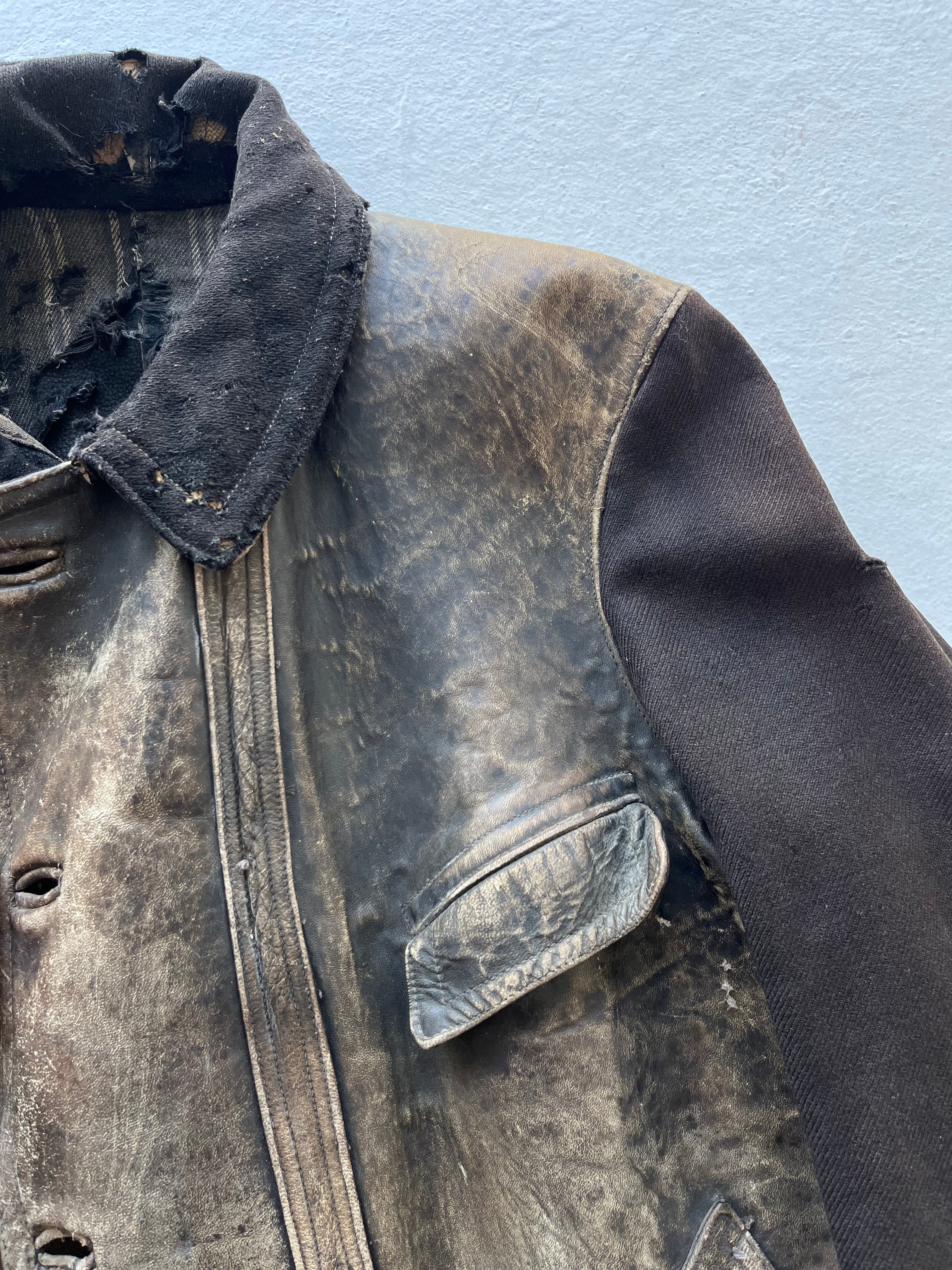 1930s Unusual French ‘Kleber’ Leather Coat with Wool Sleeves - Faded Brown - L