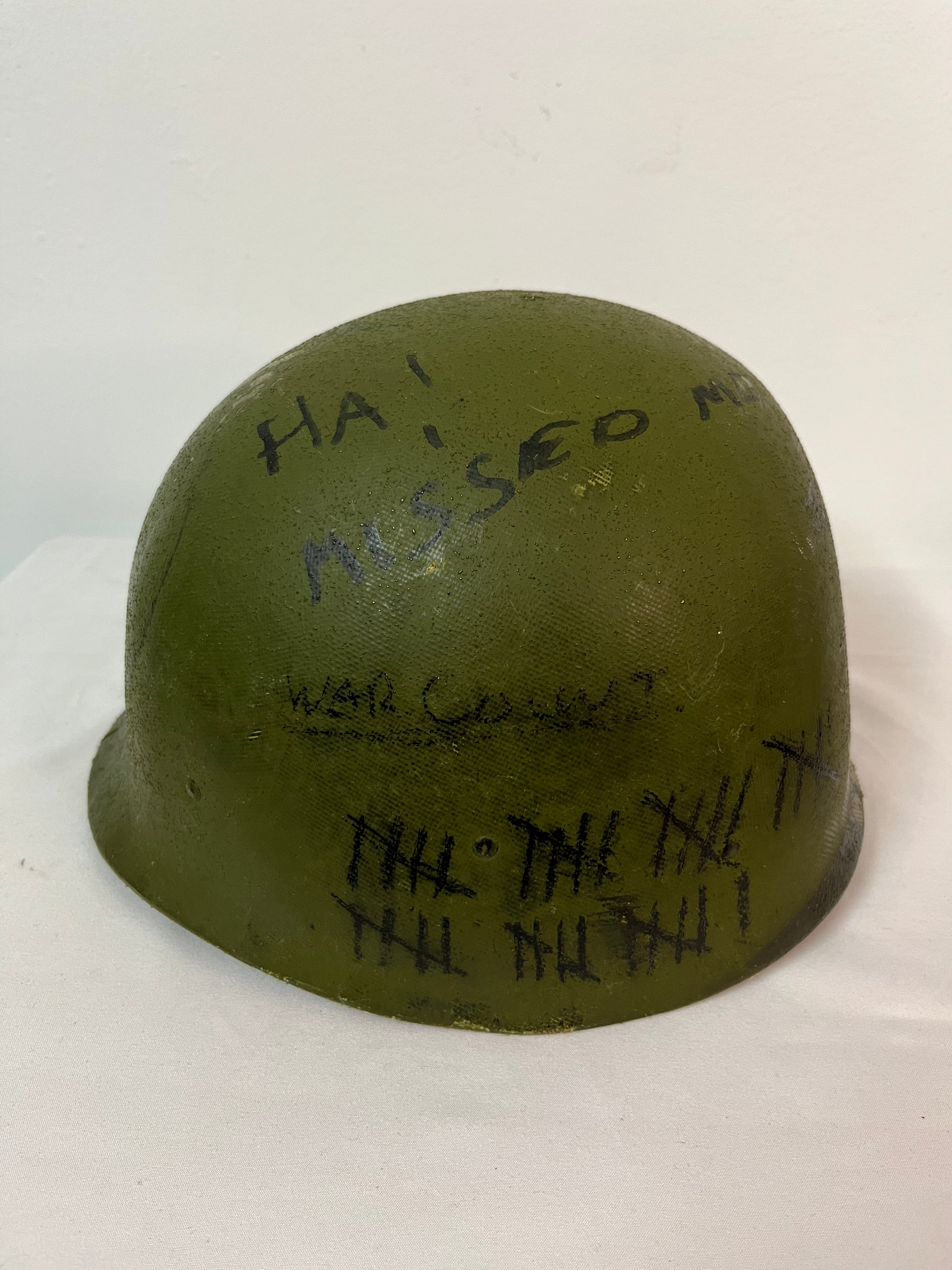 Military Helmet - Punk/Hippie Helmet 1970s Vietnam Era - 'Ha - Missed Me'
