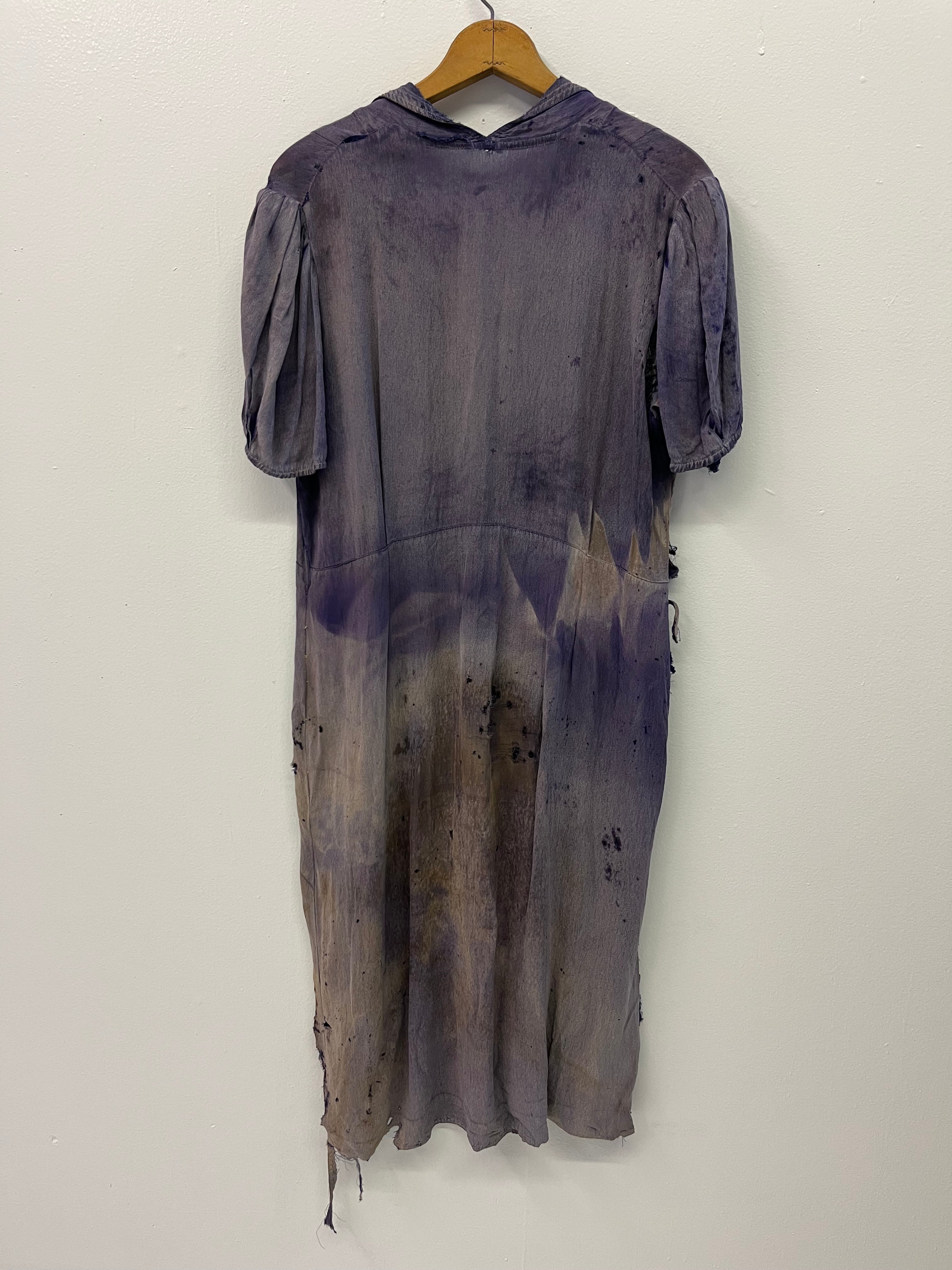 1930s Sun Faded, Thrashed & Repaired Cotton-Linen Farm Dress - Faded Purple - One Size