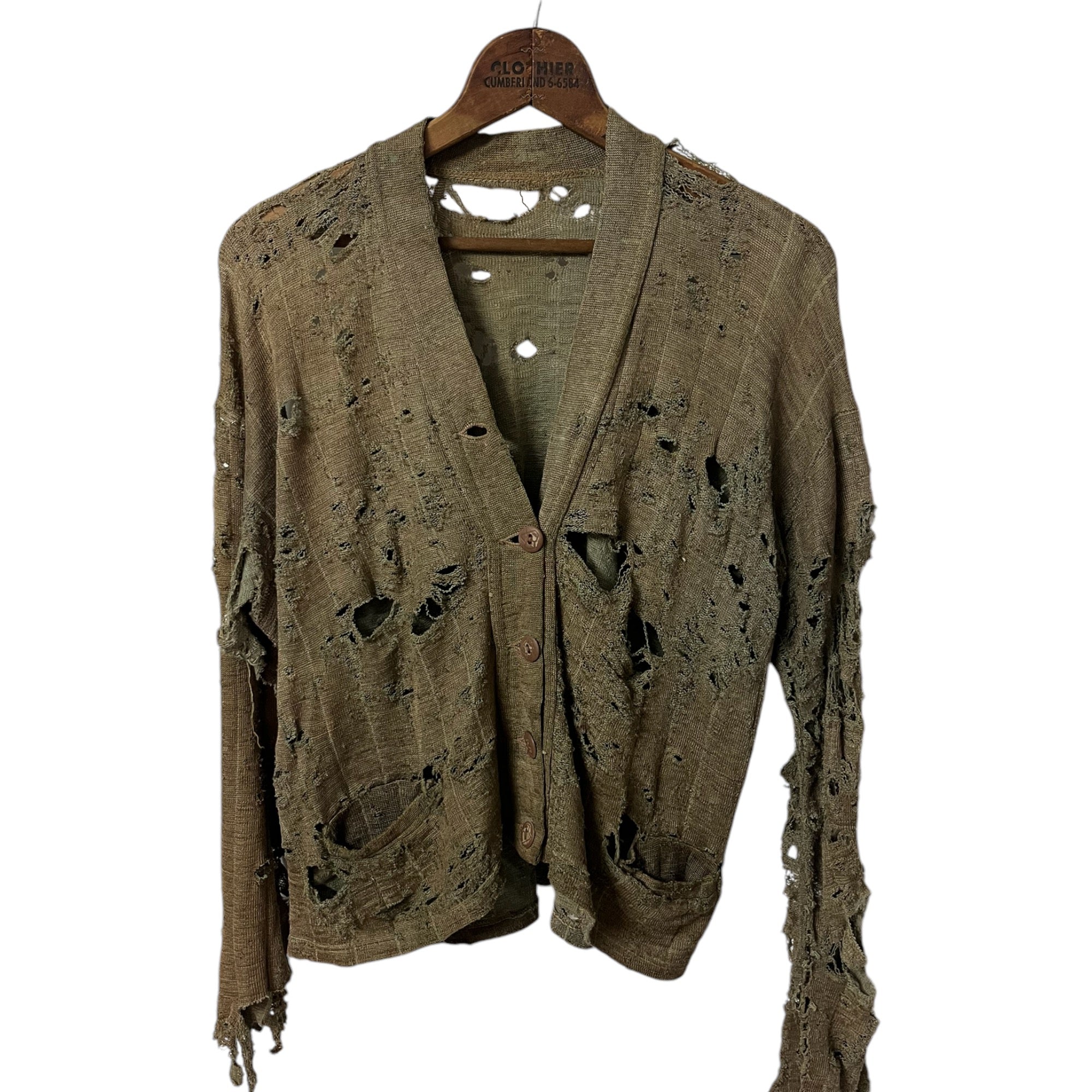 1940s Extensively Thrashed Wool Cardigan - Olive Drab - S