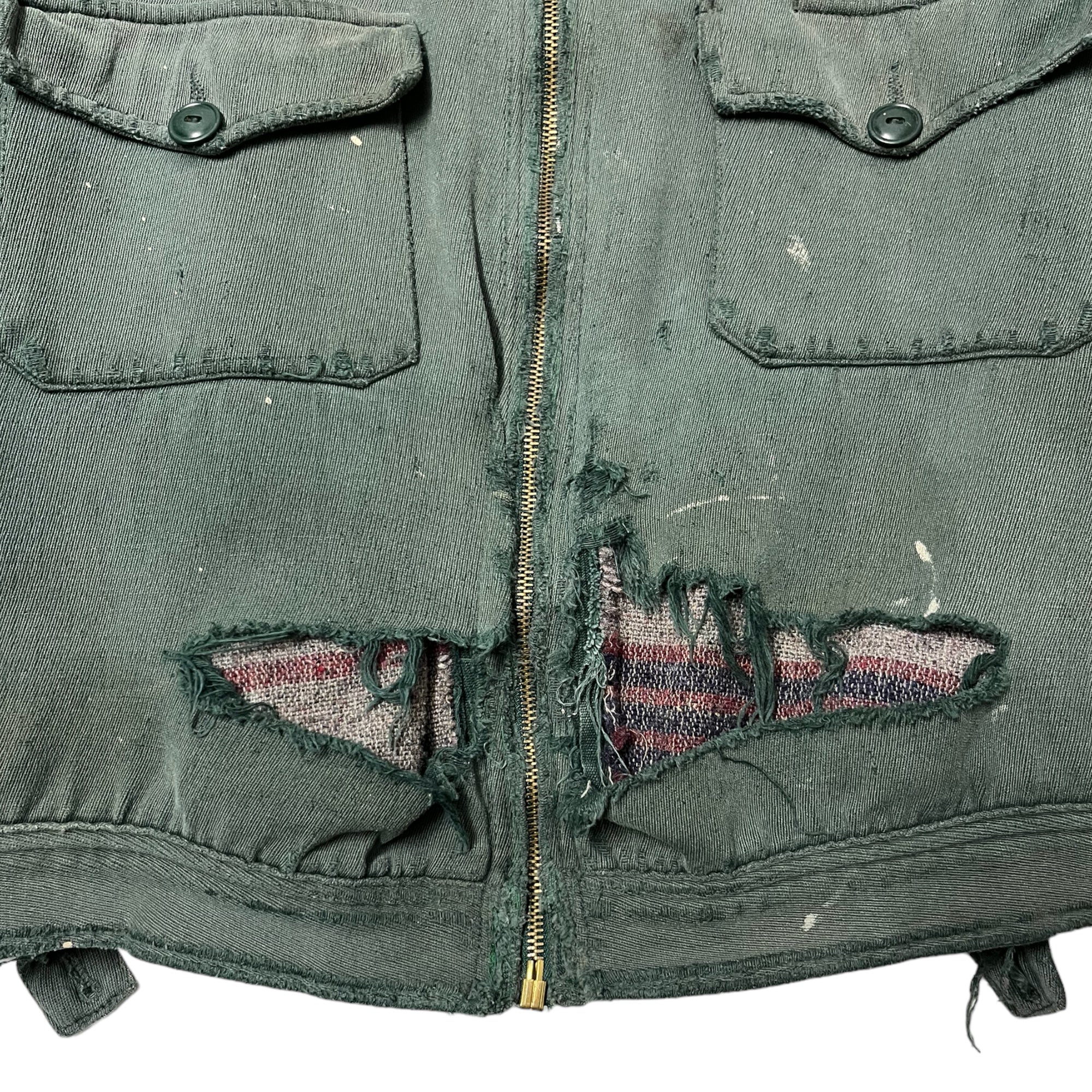 1950s Thrashed Whipcord Zip-Up Jacket - Sun Faded Green - S/M