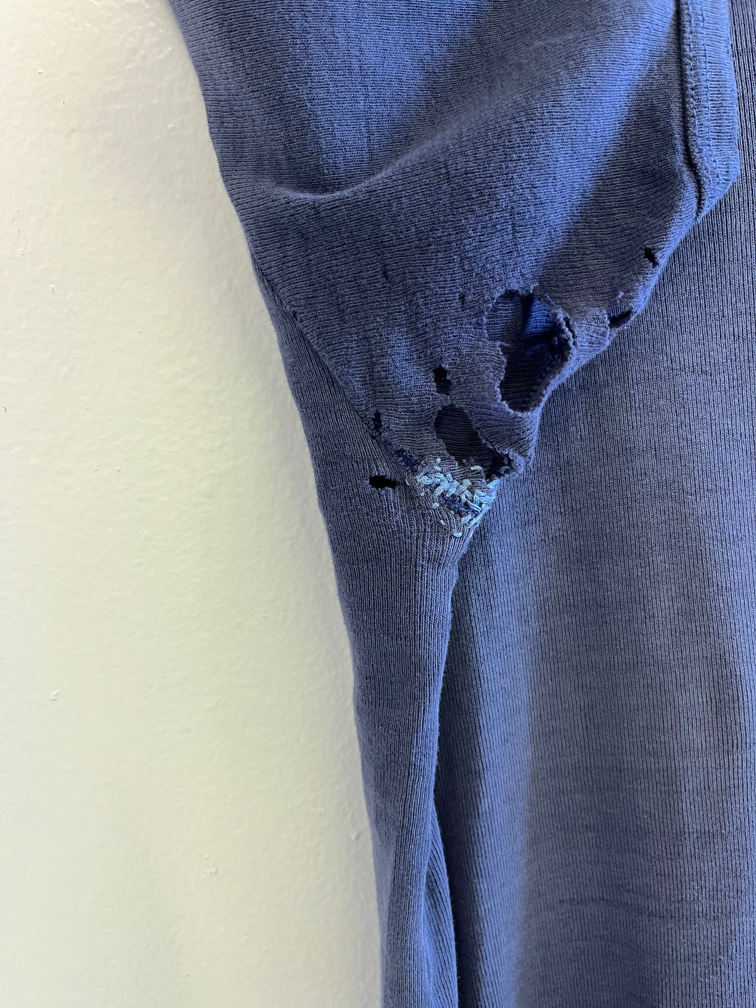 1940/50s Distressed & Repaired French Ribbed Work T-Shirt - Faded Indigo Blue - S/M