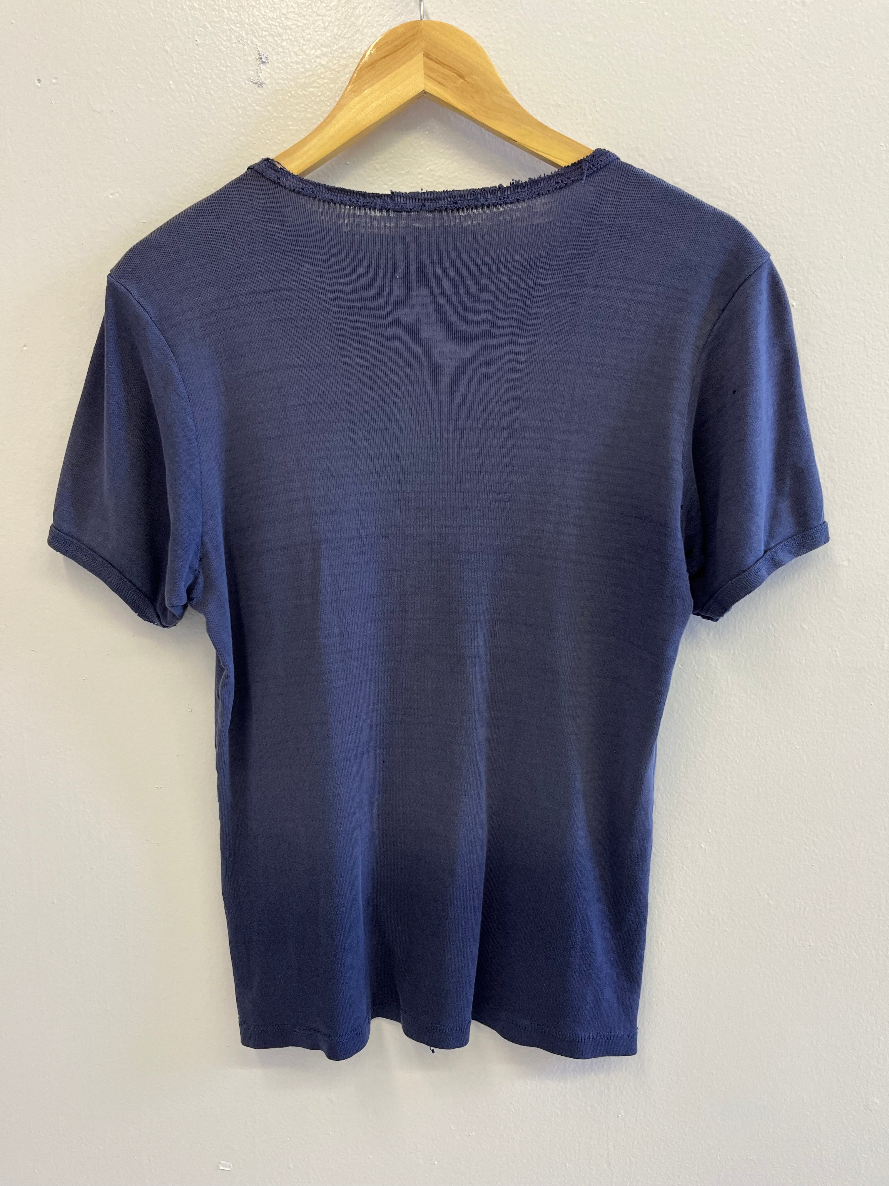 1940/50s Distressed & Repaired French Ribbed Work T-Shirt - Faded Indigo Blue - S/M