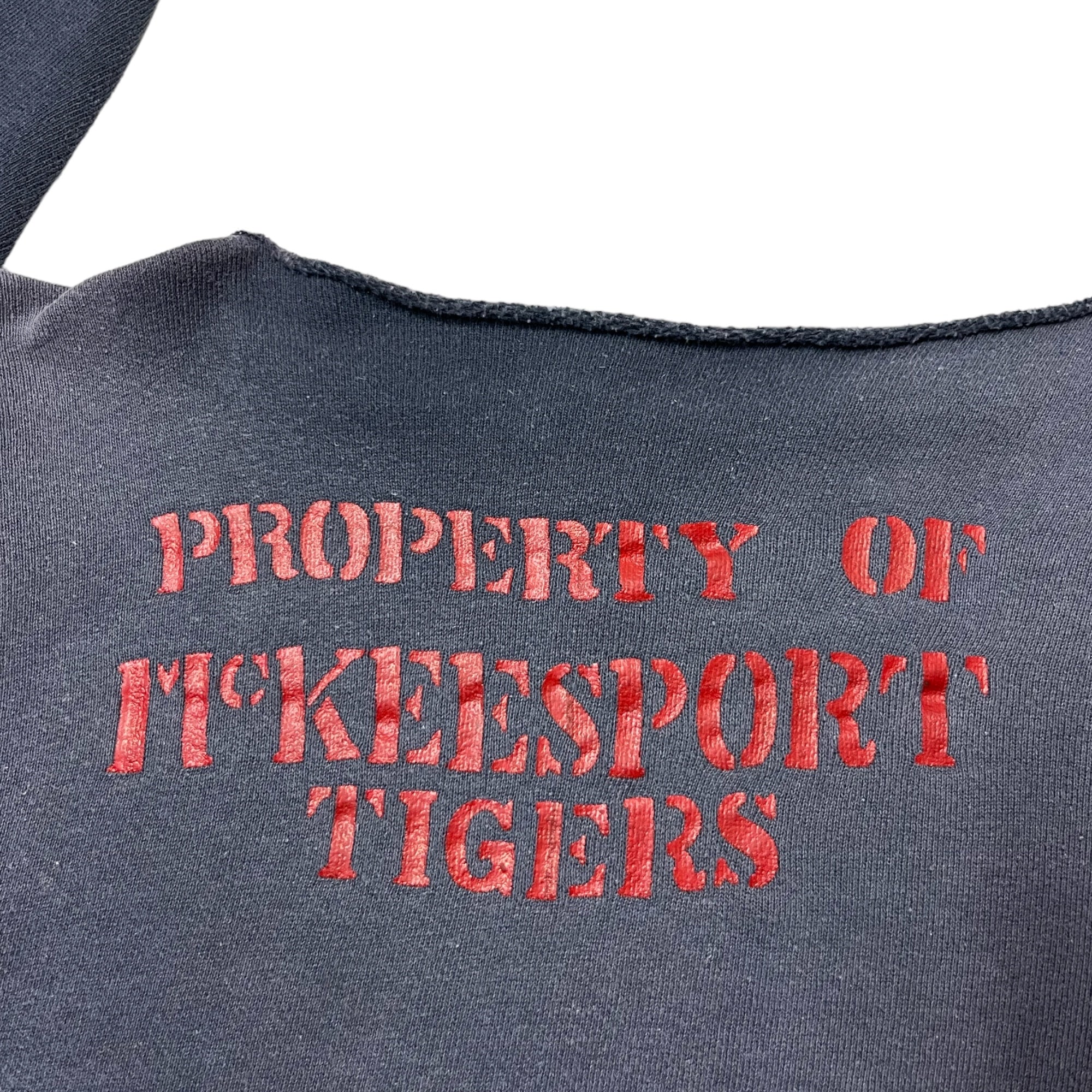 1950s ‘Property of’ McKeesport Tigers Hoodie- Turned-Crewneck - Faded Navy/Scarlet Red - S/M