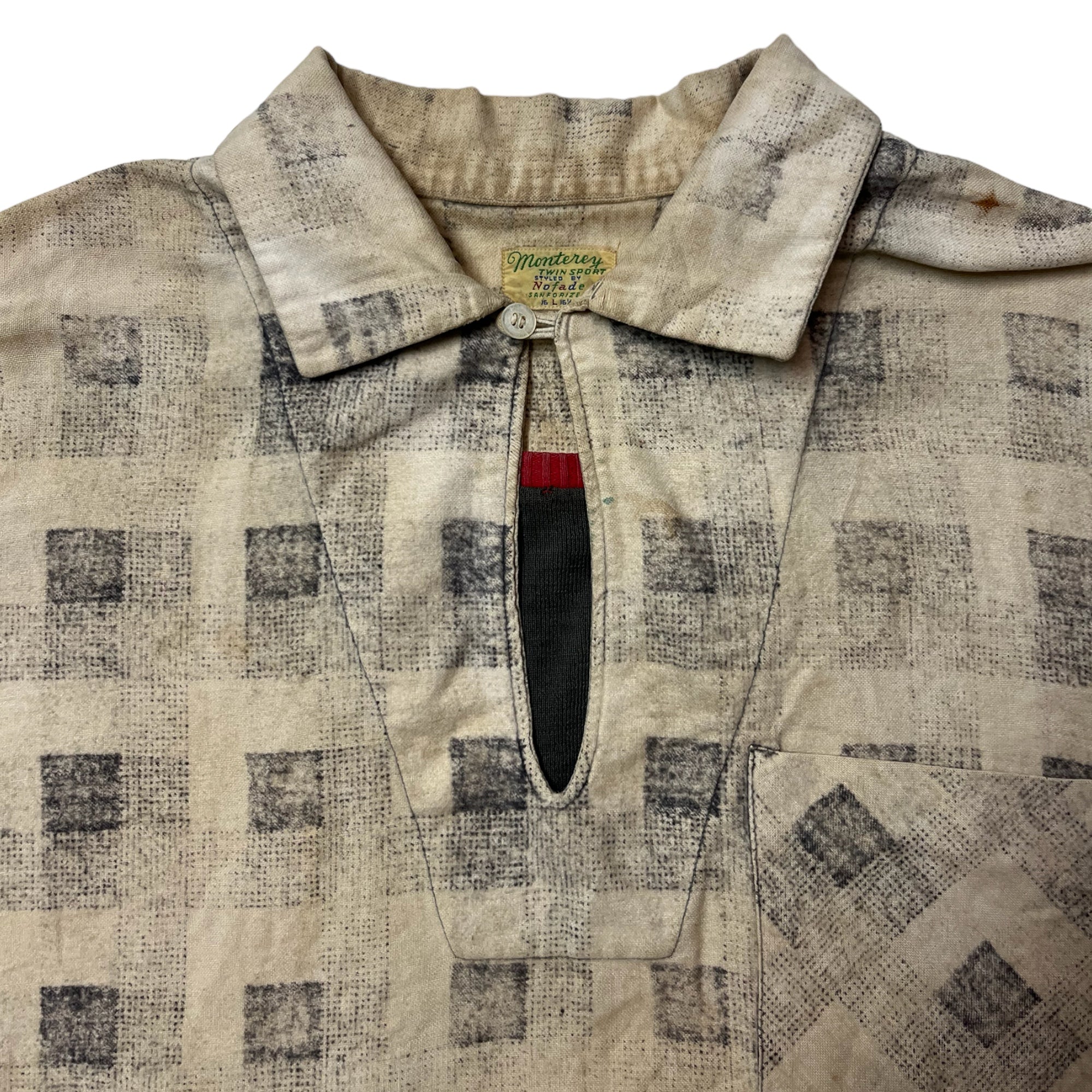 1950s Distressed ‘Double-Layered’ Popover Loop Collar Flannel Shirt - Cream/Faded Black - L