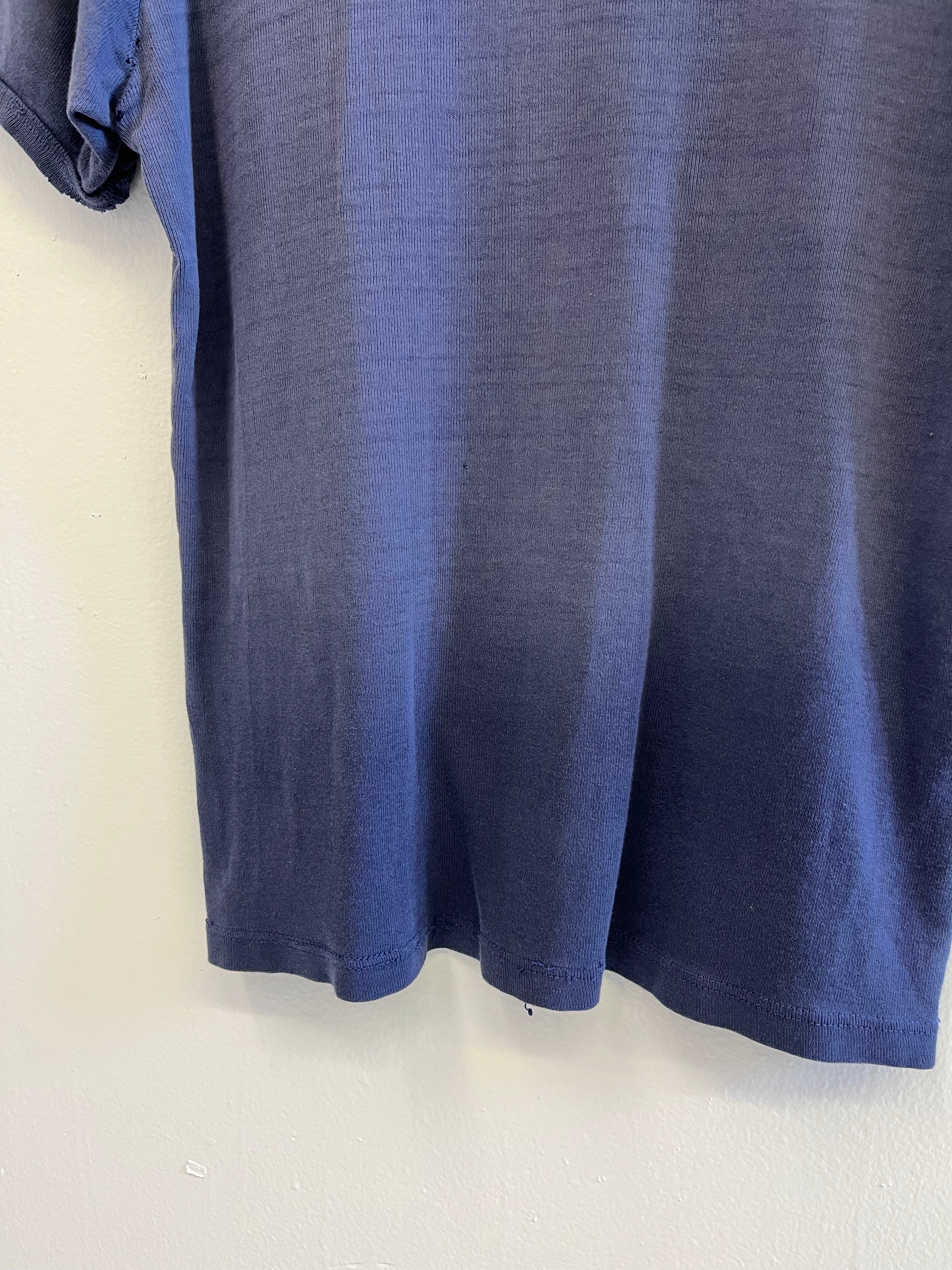 1940/50s Distressed & Repaired French Ribbed Work T-Shirt - Faded Indigo Blue - S/M