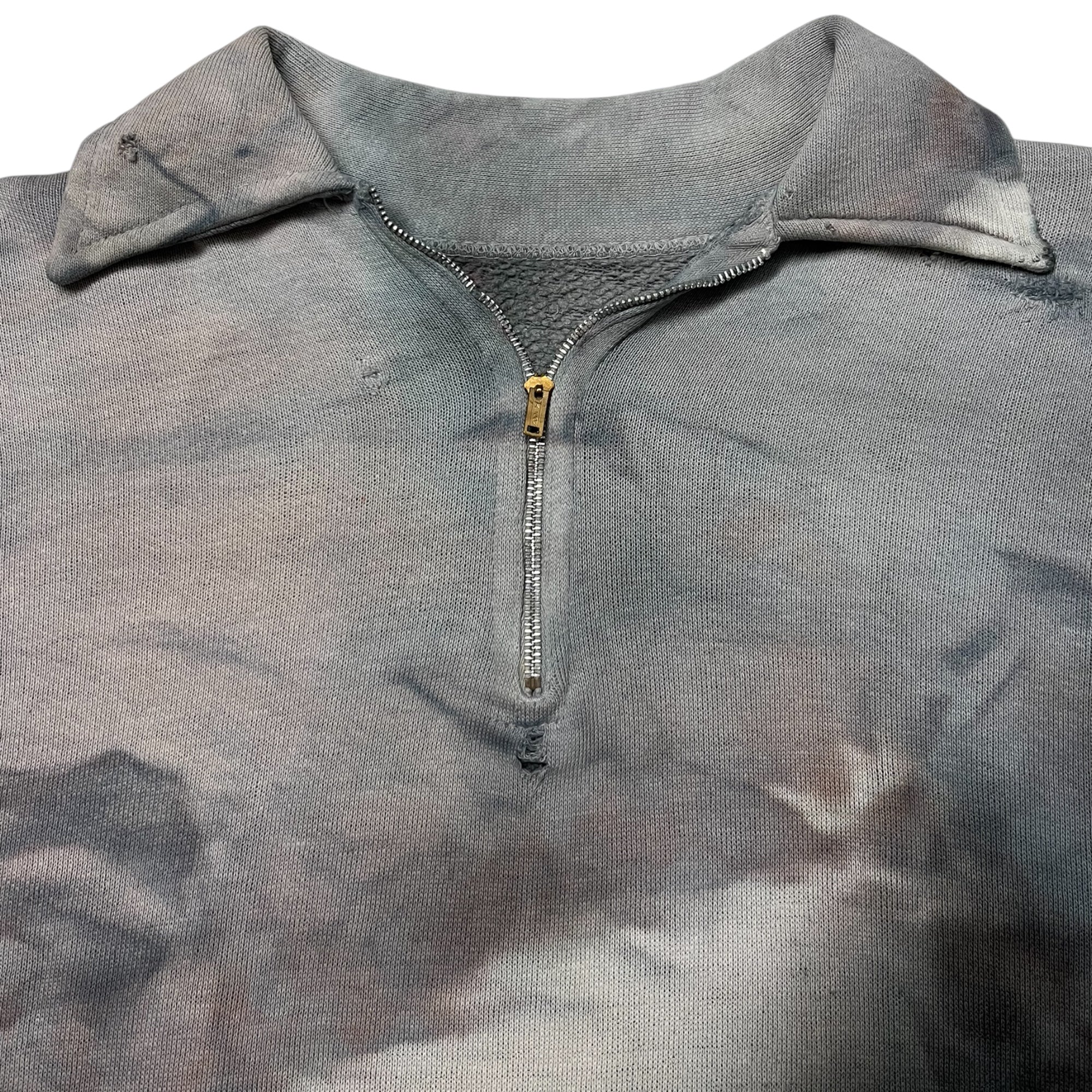 1950s Extensively Discolored, Faded & Stained 1/4-Zip Sweatshirt - White/Slate Grey Storm - S