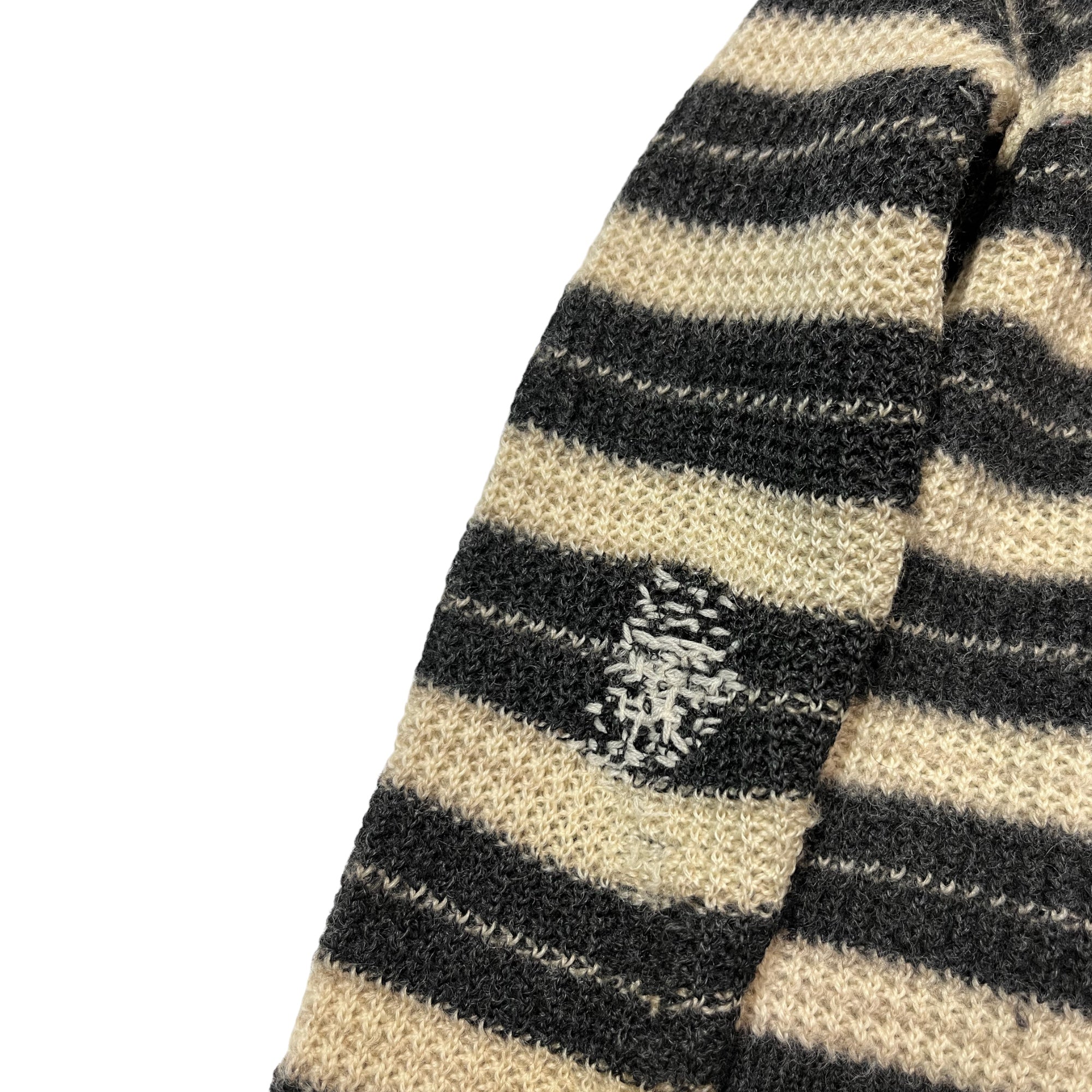 1940s Distressed French Striped Button-Up Knit Sweater Shirt with Darning - Cream/Black - S/M
