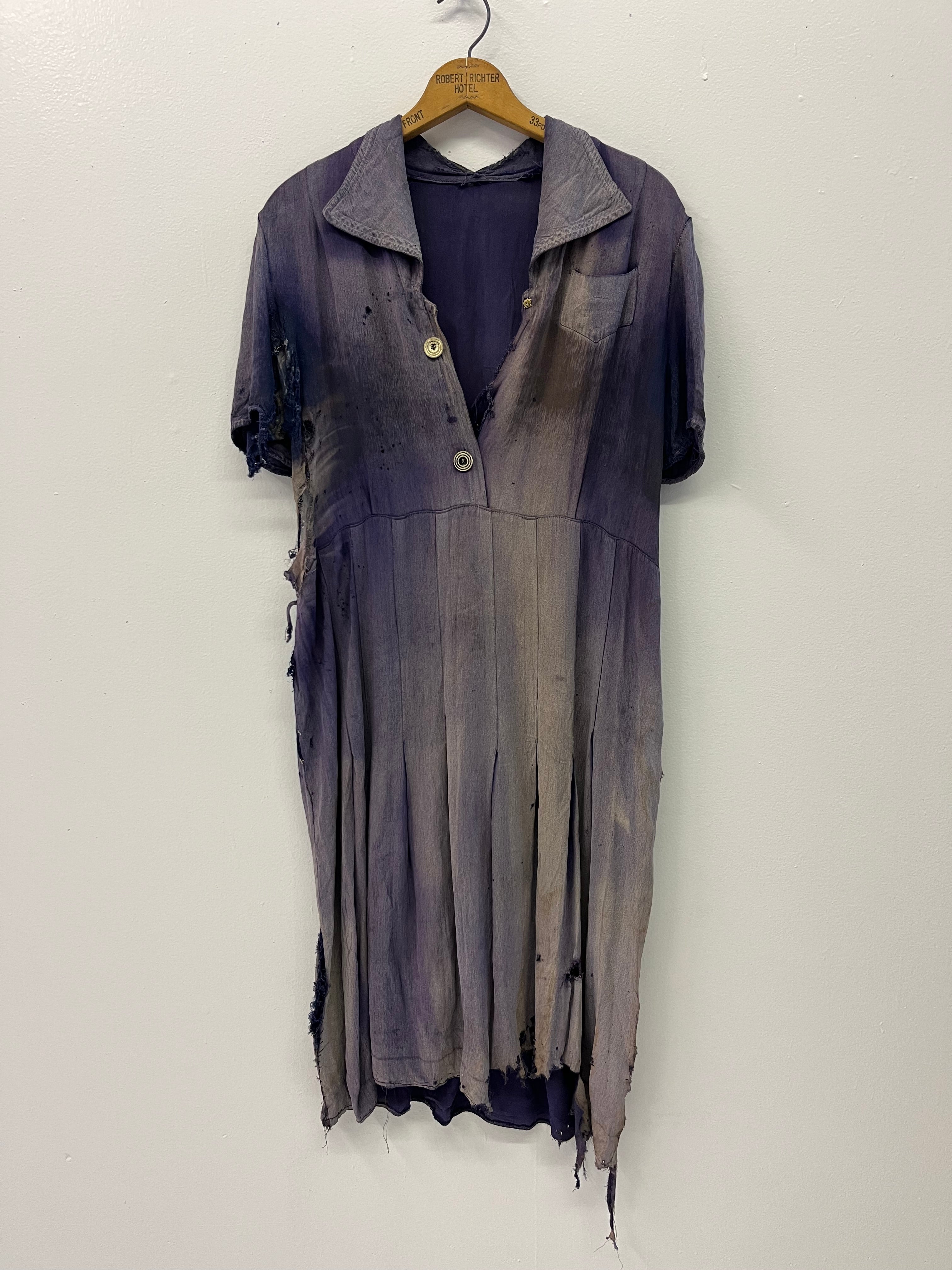 1930s Sun Faded, Thrashed & Repaired Cotton-Linen Farm Dress - Faded Purple - One Size