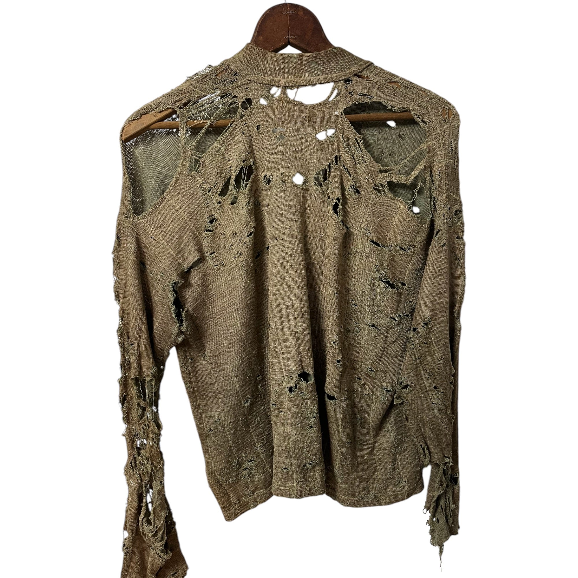 1940s Extensively Thrashed Wool Cardigan - Olive Drab - S