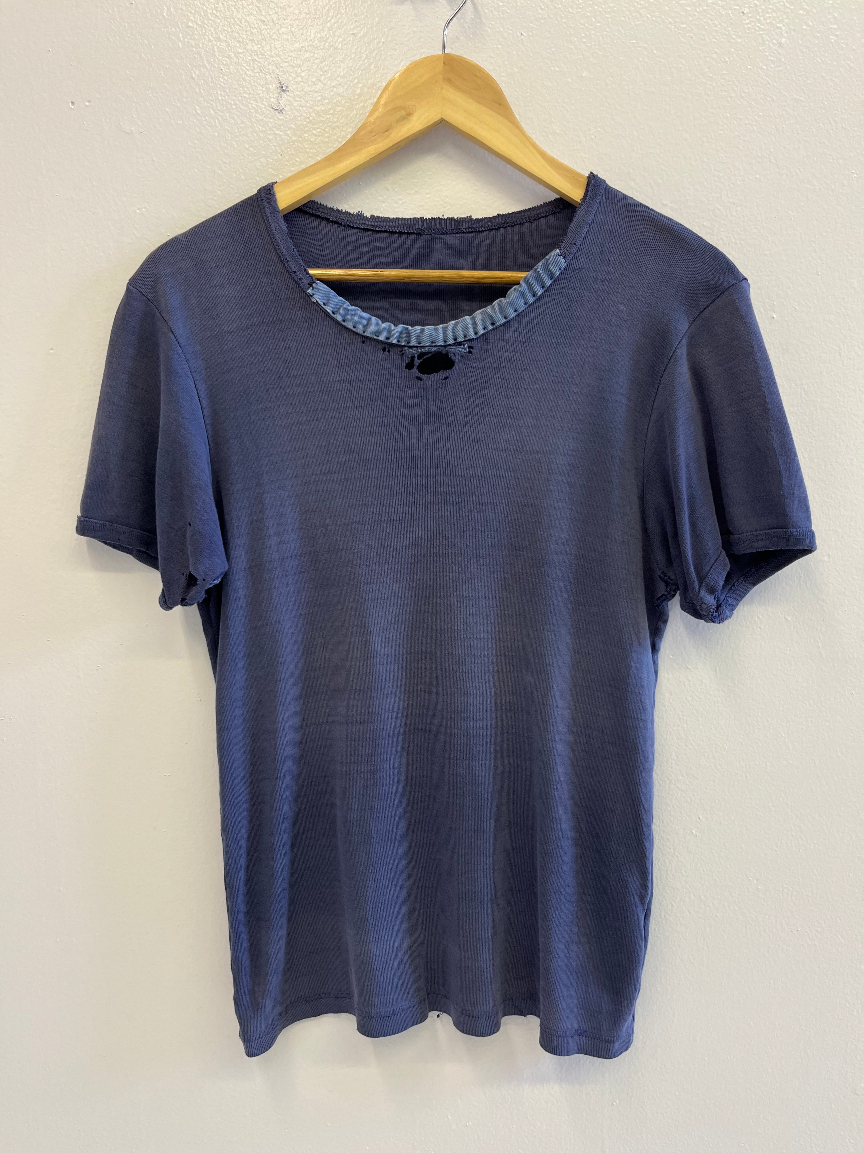 1940/50s Distressed & Repaired French Ribbed Work T-Shirt - Faded Indigo Blue - S/M