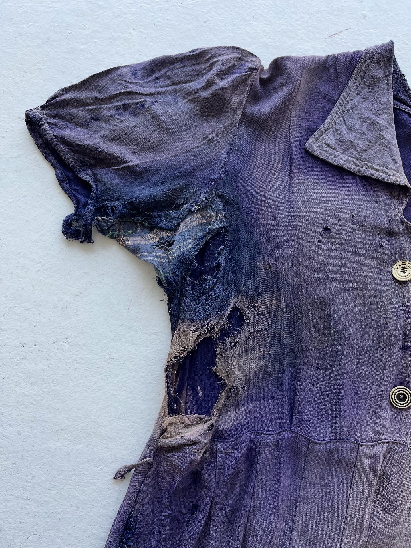 1930s Sun Faded, Thrashed & Repaired Cotton-Linen Farm Dress - Faded Purple - One Size