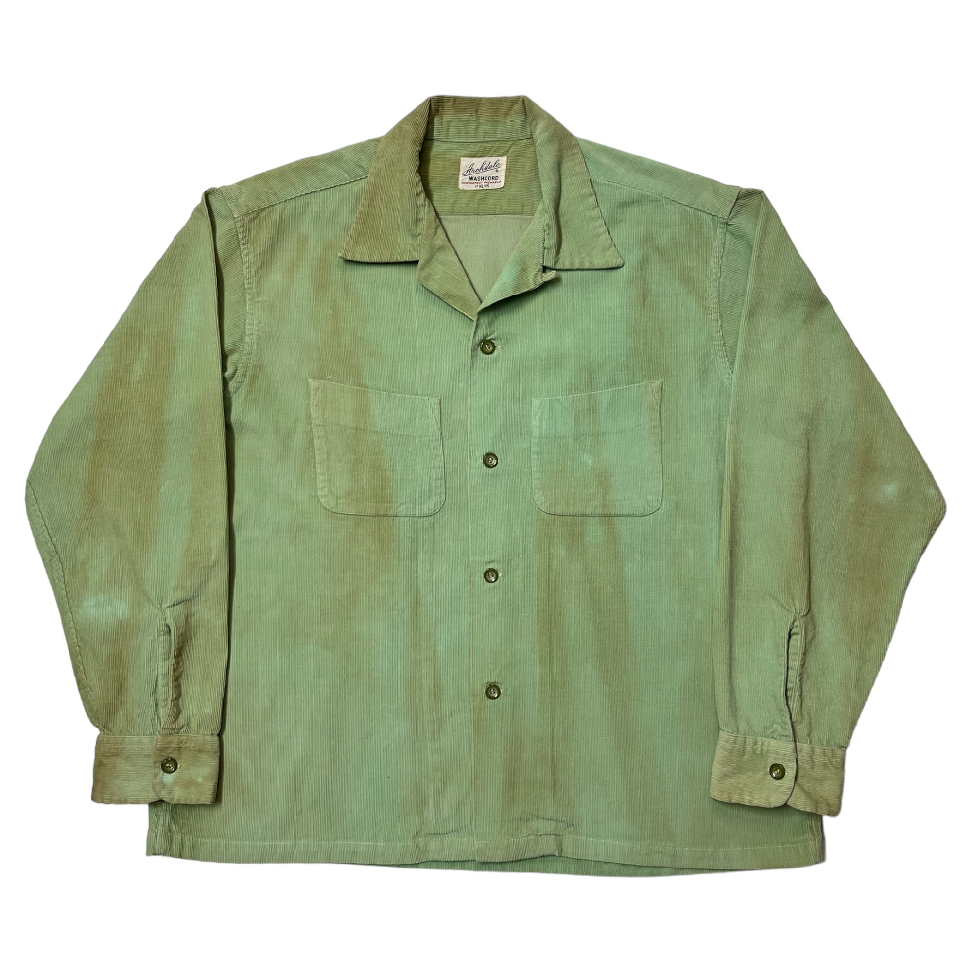 1950s Loop Collar Corduroy Distressed/Stained Shirt - Sea Foam Green - L/XL