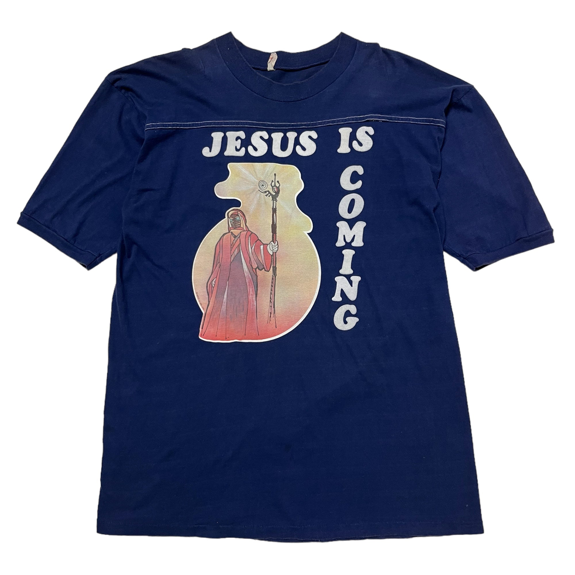 1970s ‘Jesus is Coming’ Flock Lettering Novelty Football T-Shirt - Navy - L/XL