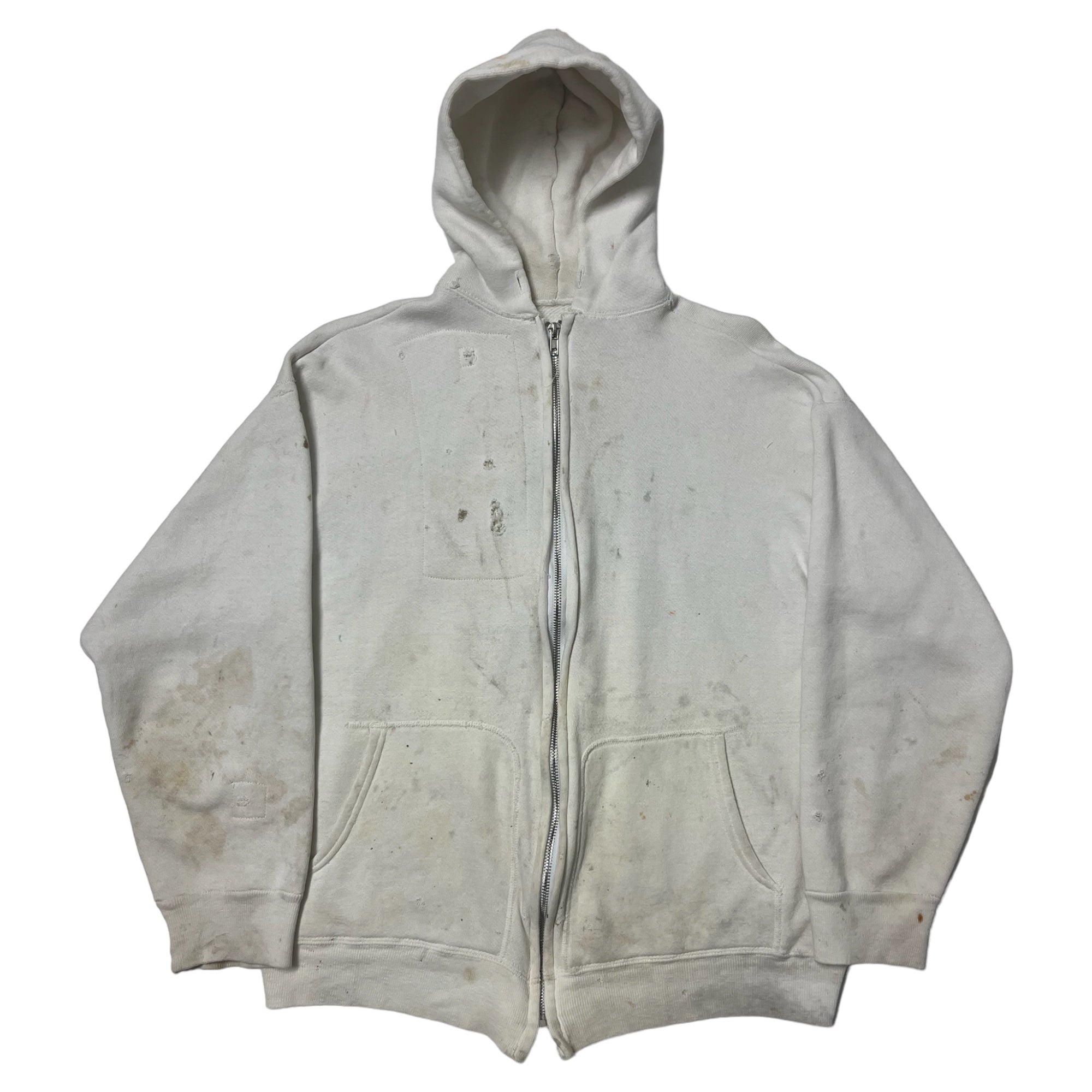 1970s Distressed & Repaired Zip-Up Hooded Sweatshirt - Aged Ecru/White - S/M