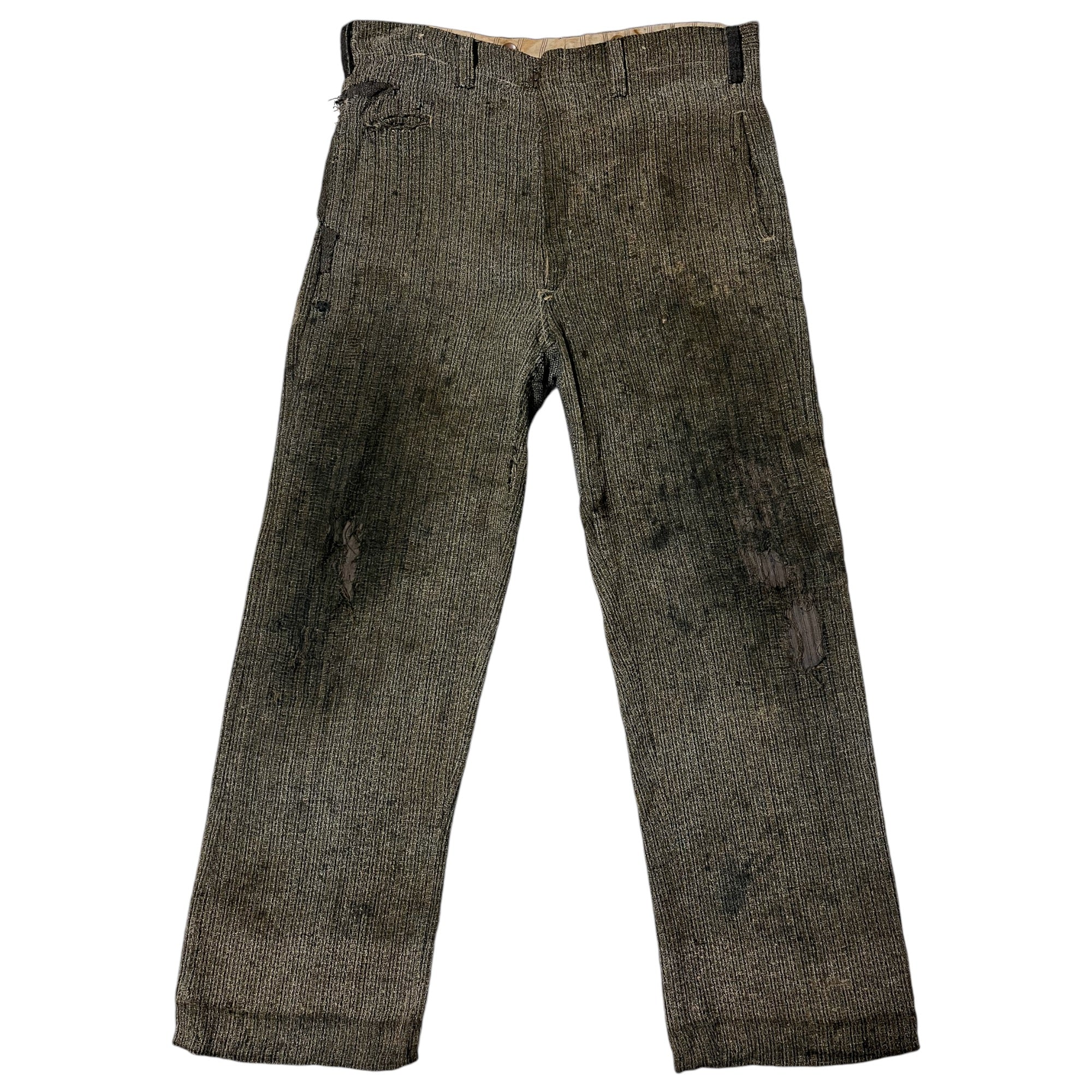 1900s/10s Distressed & Repaired Wool Trousers - Grey/Green -