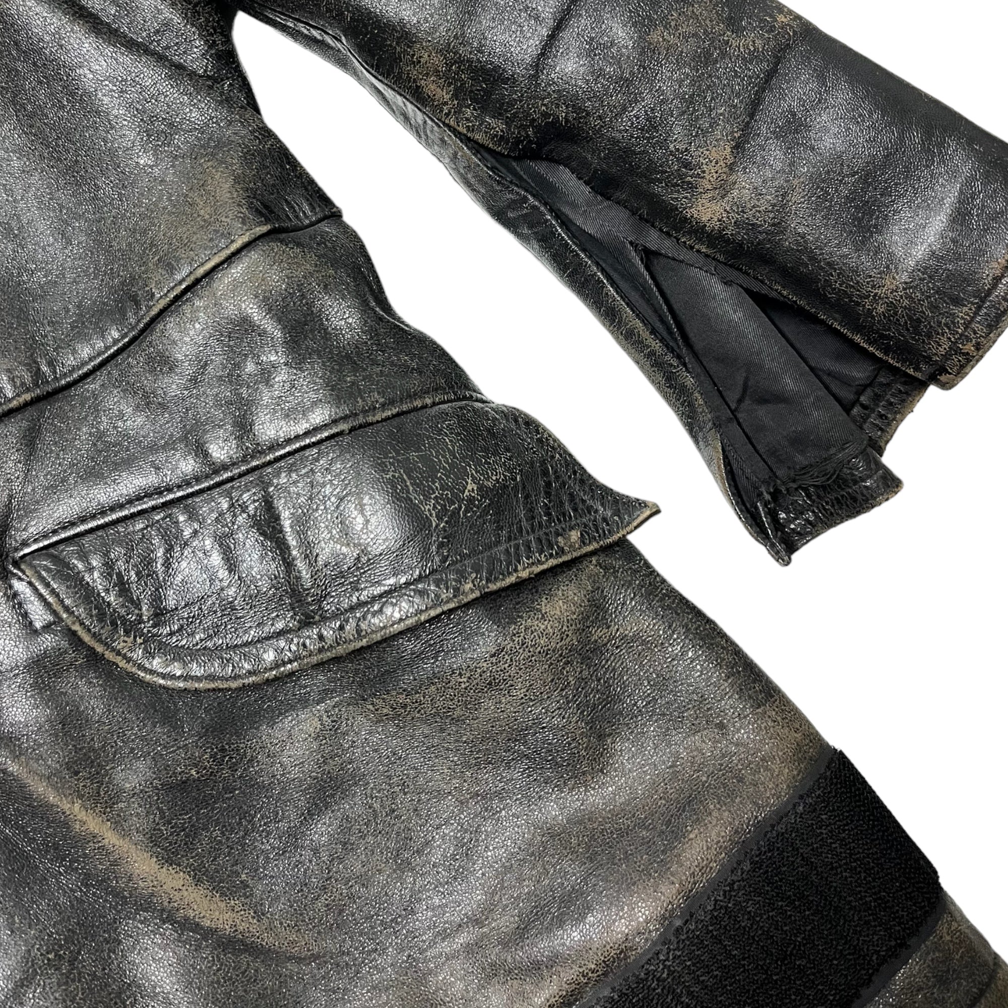 1960s French Leather Fireman Jacket With Velcro - Distressed Black - M