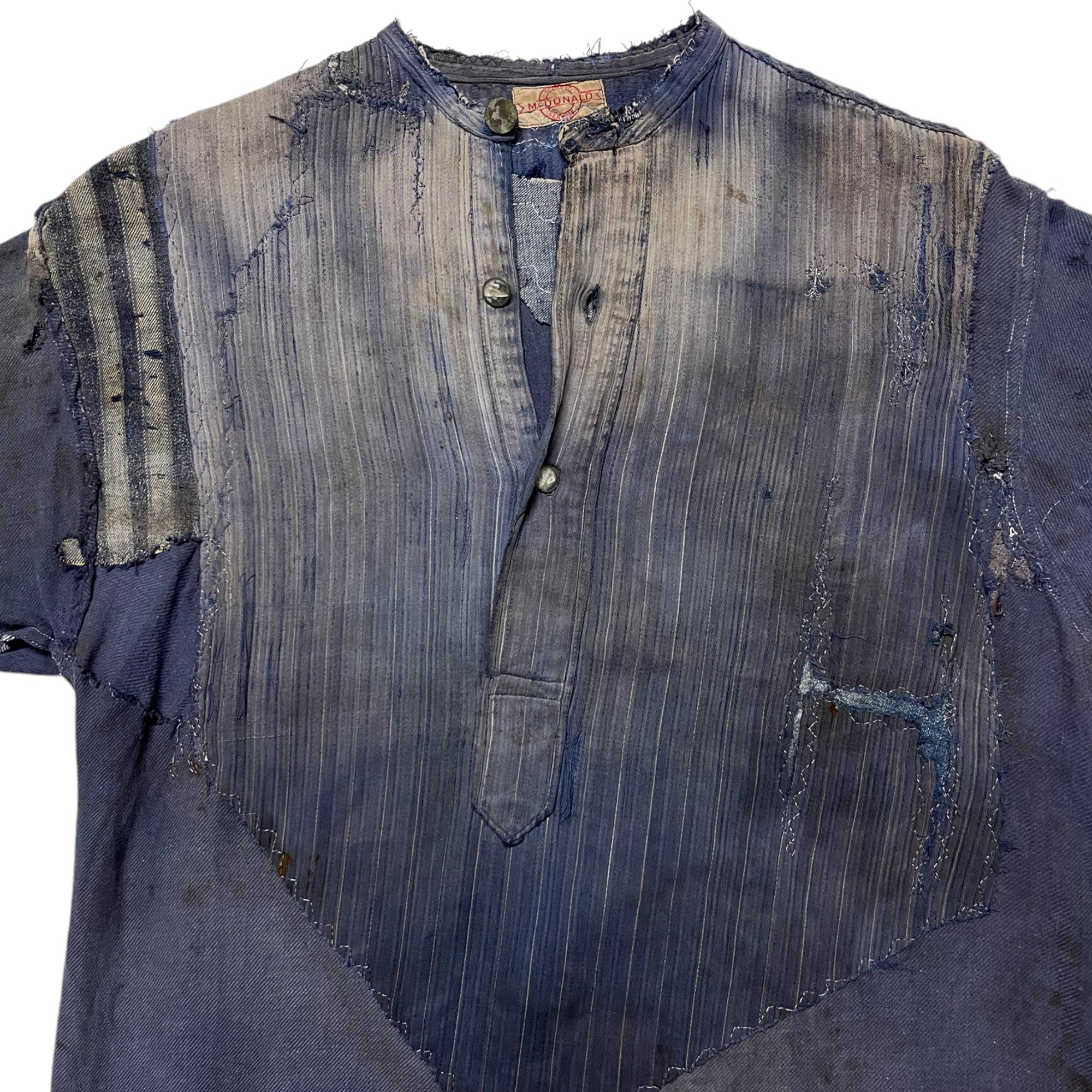 1930s McDonald Brand Indigo Popover Repaired Work Shirt - Faded Indigo Blue - L