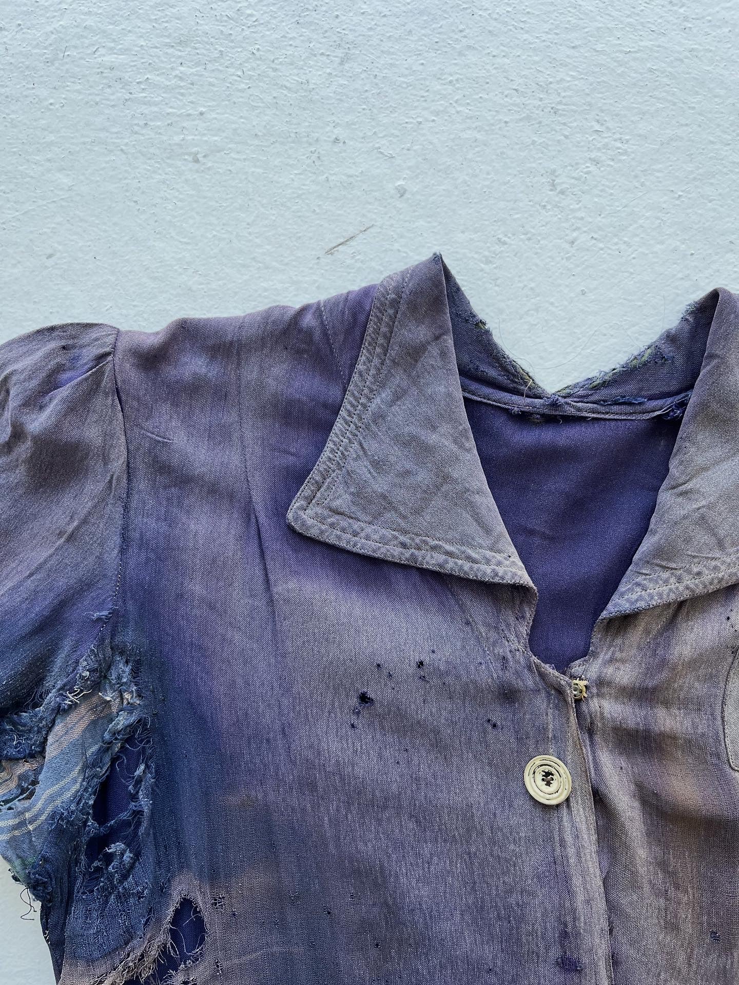 1930s Sun Faded, Thrashed & Repaired Cotton-Linen Farm Dress - Faded Purple - One Size