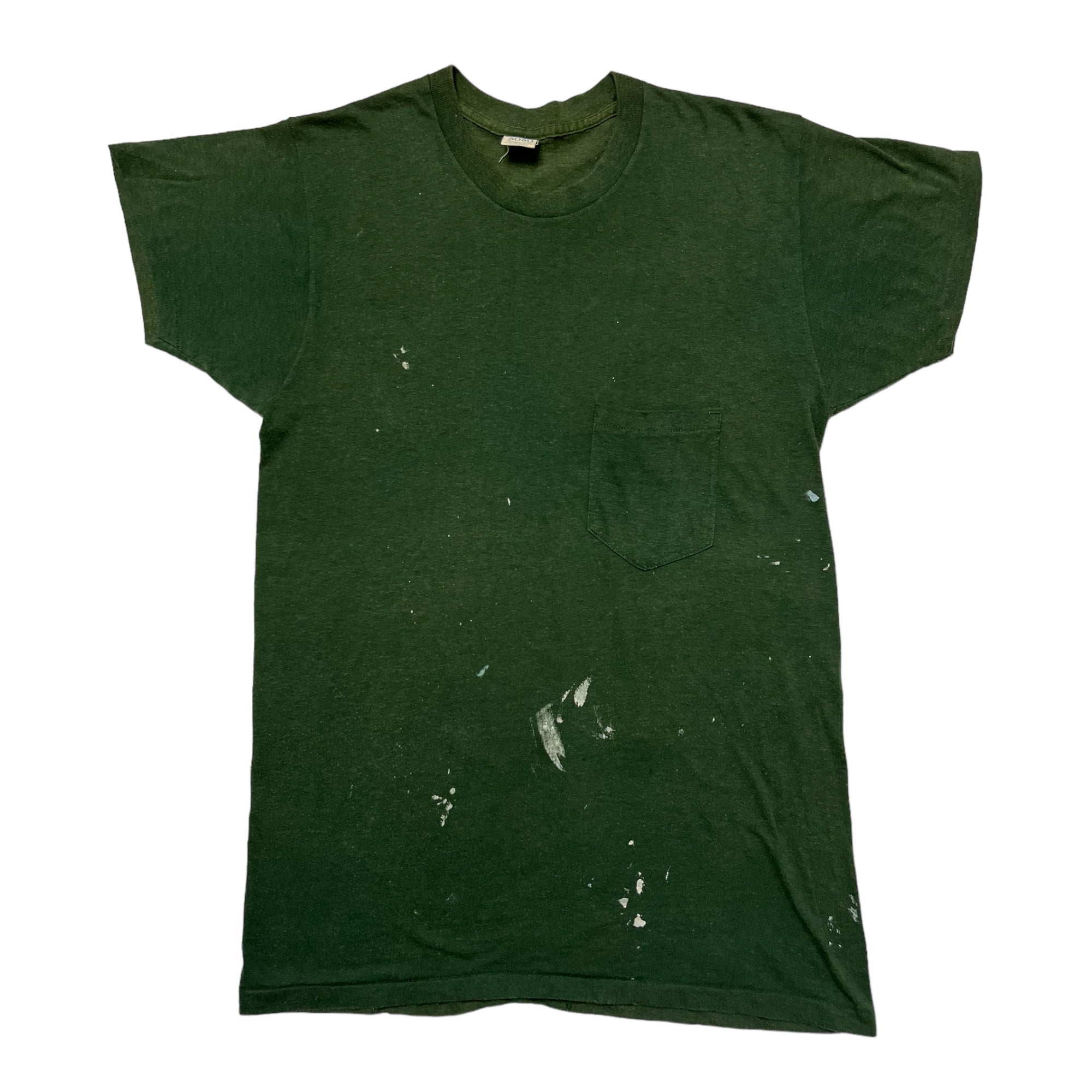 1970s Paint Distressed Pocket T-Shirt - Faded Military Green - M/L